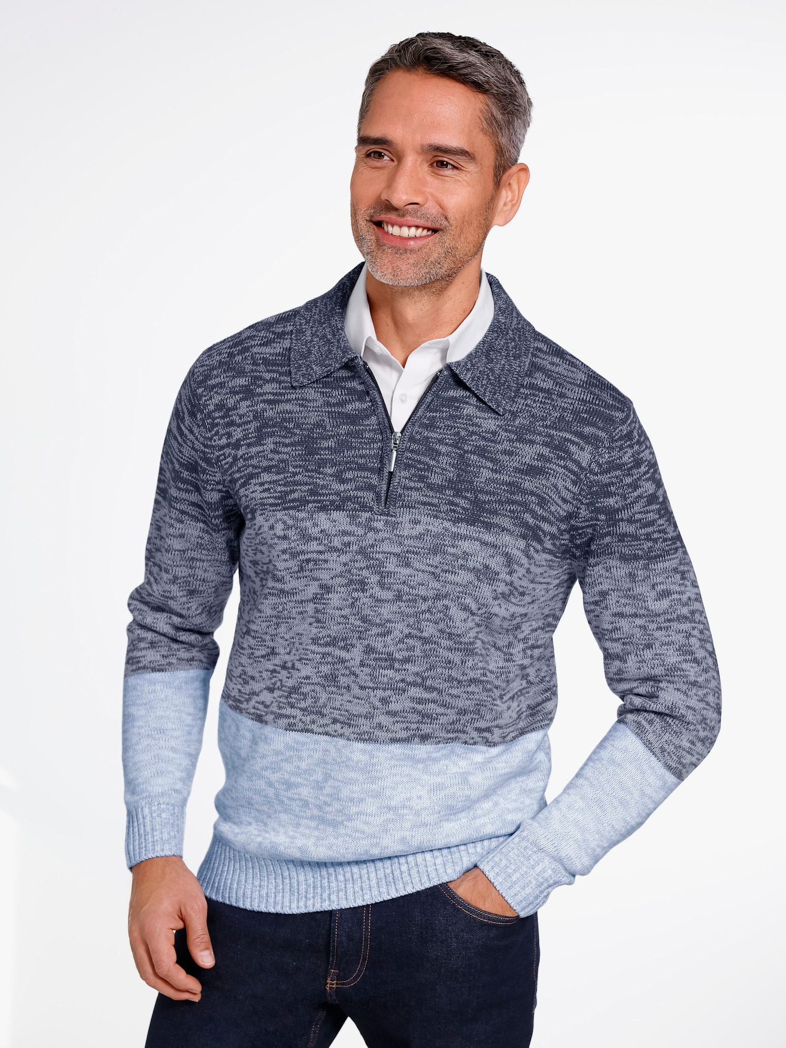 Svetr s límečkem a vzorem colour blocking - kouřová modrá-ledová modrá-vzor