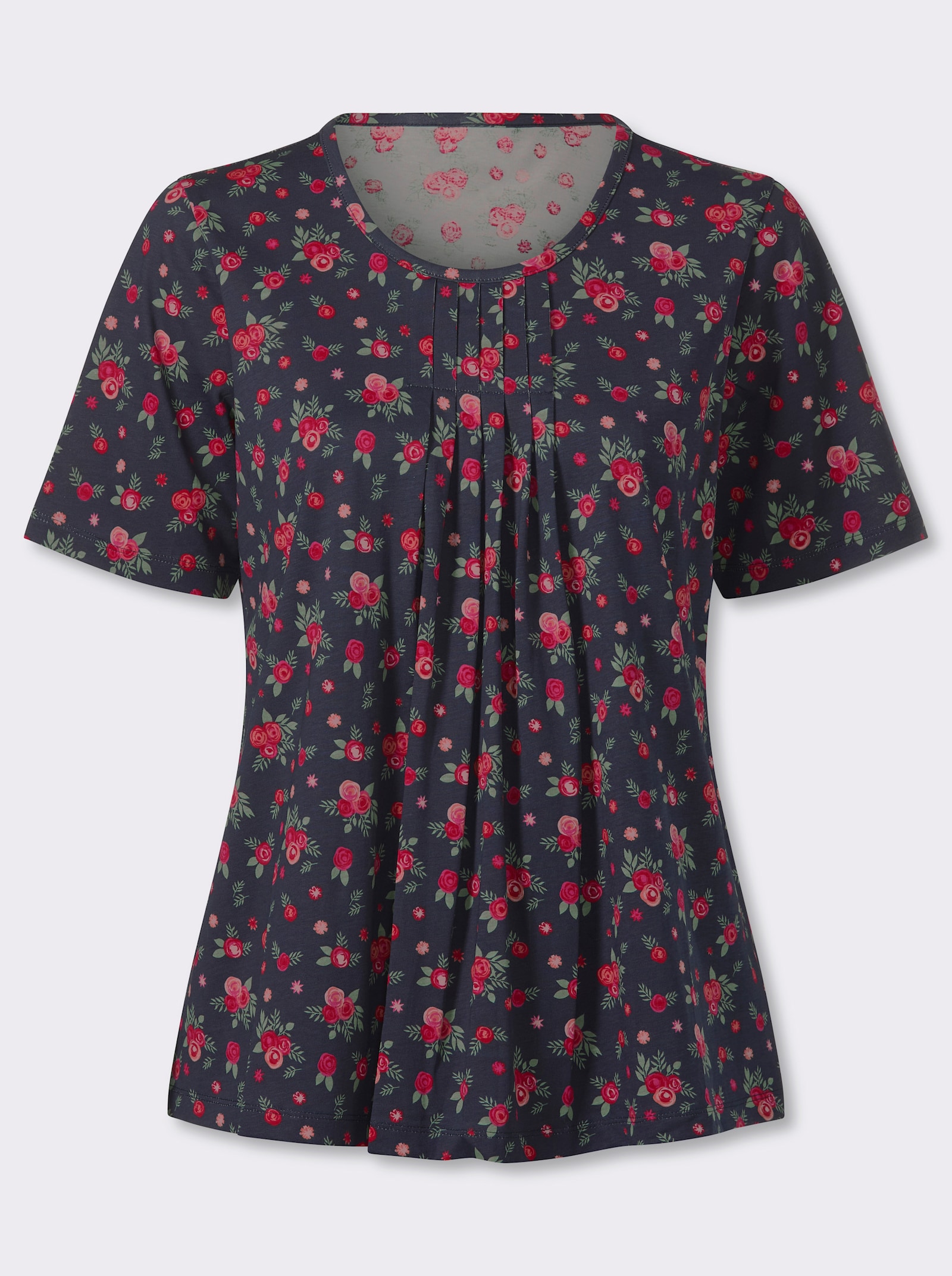 Kurzarmshirt mit Falten am Ausschnitt - marine-rot-bedruckt