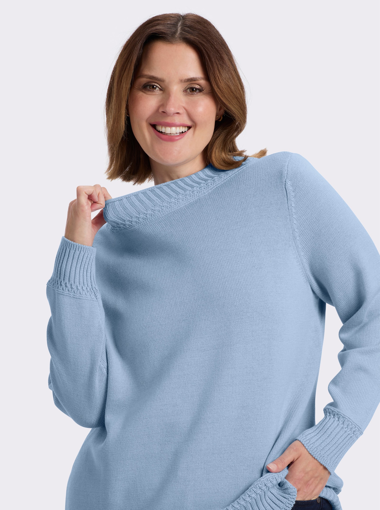 Stehkragenpullover mit Ripp-Abschlüssen - eisblau