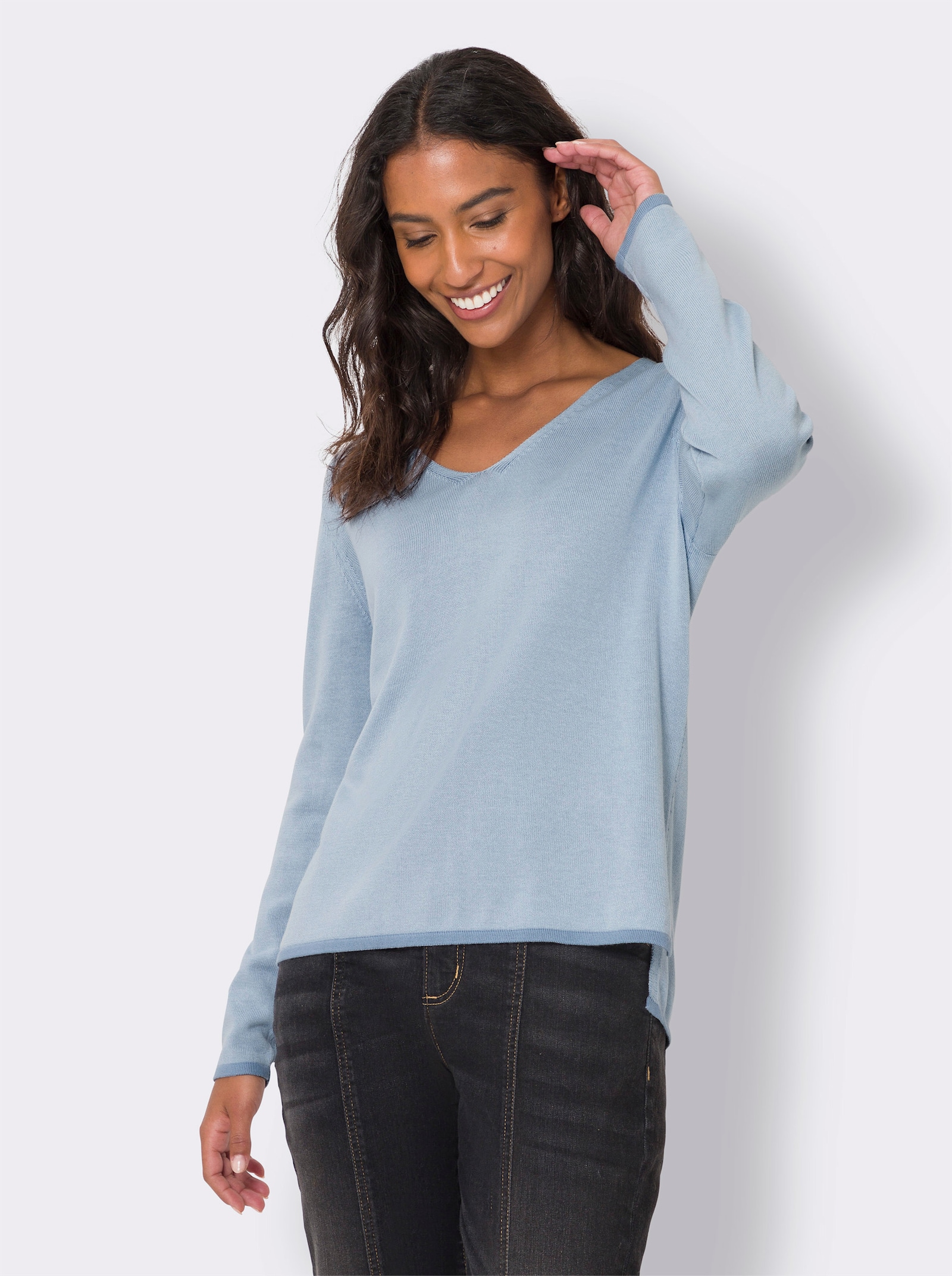 heine Pullover van fijntricot, achter langer - lichtblauw/bleu gedessineerd