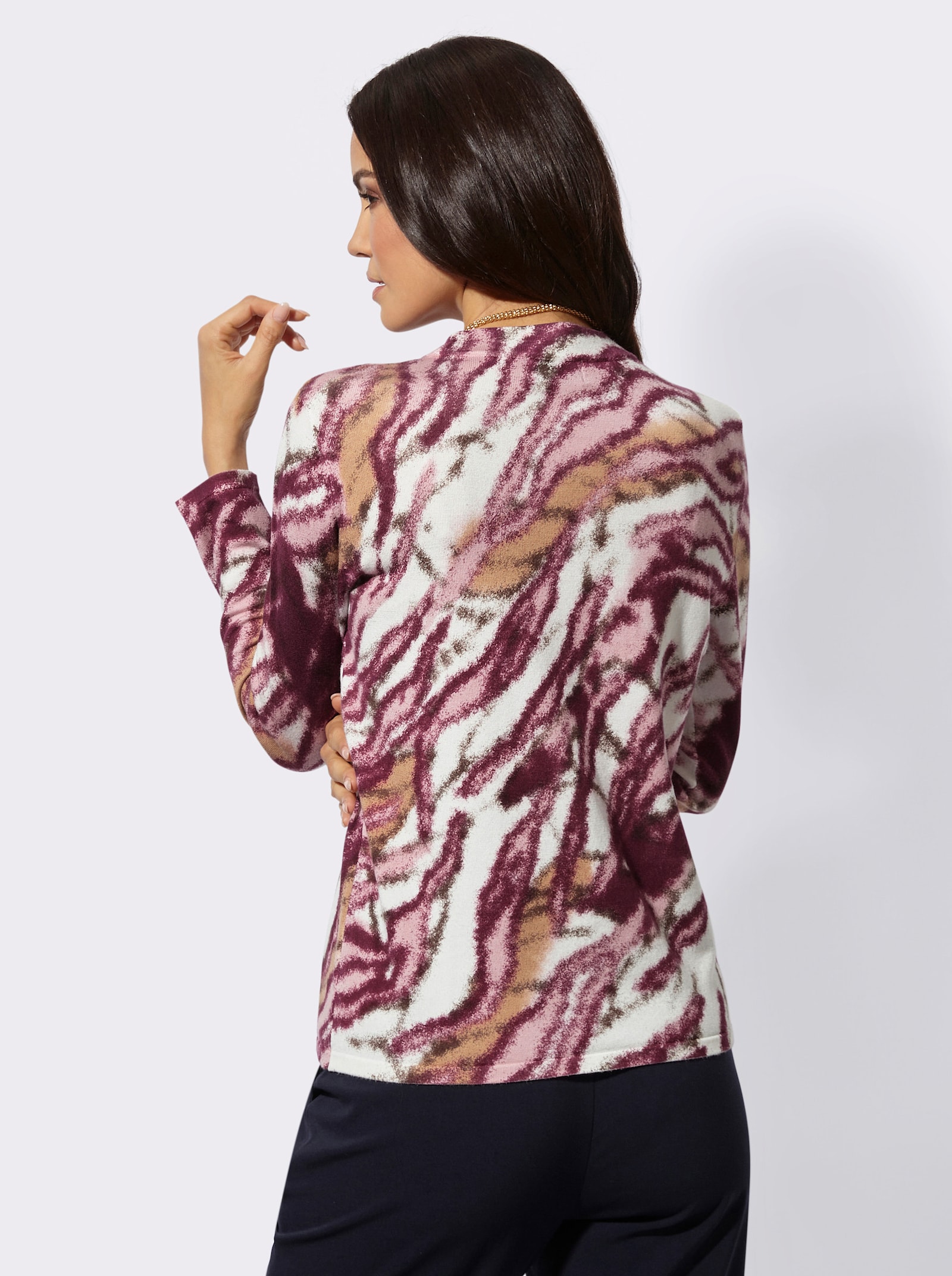 Langarm-Pullover mit Stehkragen - ecru-bordeaux-bedruckt