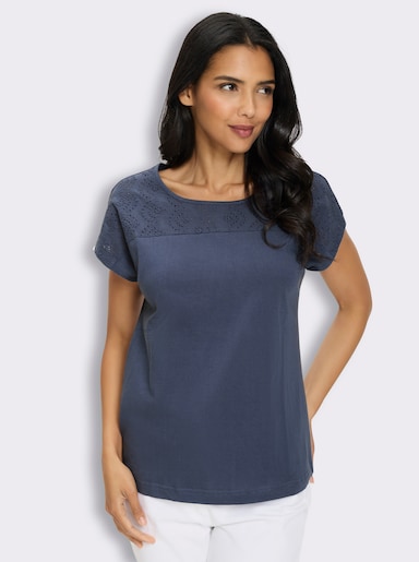 Kurzarmshirt mit Spitzen-Details, Baumwolle - rauchblau