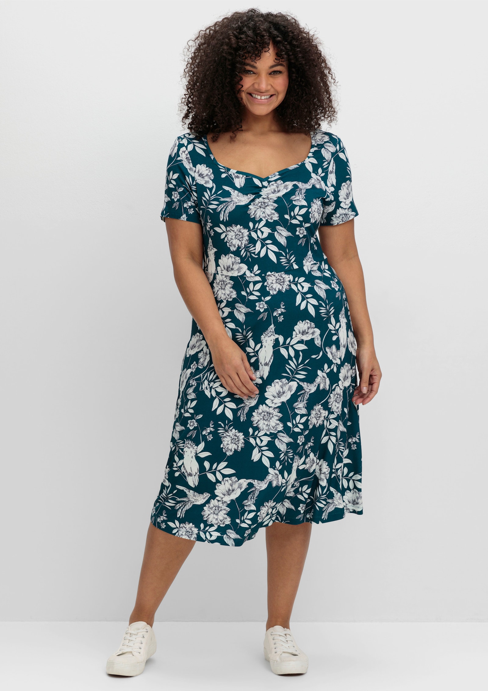 sheego by Joe Browns Jerseykleid mit Blumendruck und Herzausschnitt - dunkelpetrol-gemustert