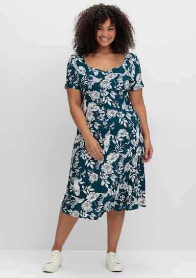 sheego by Joe Browns Jerseykleid mit Blumendruck und Herzausschnitt - dunkelpetrol-gemustert