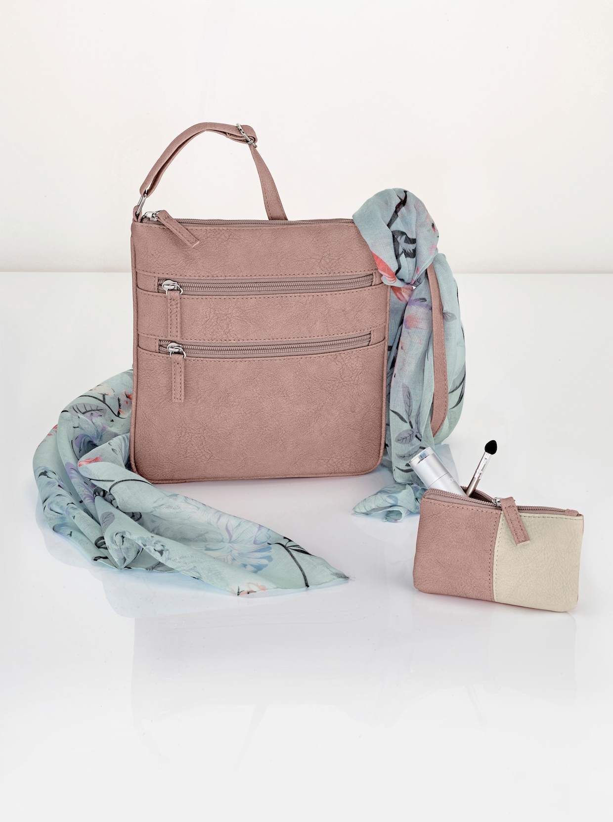 Tasche mit Schal und Kosmetiktasche - rosé