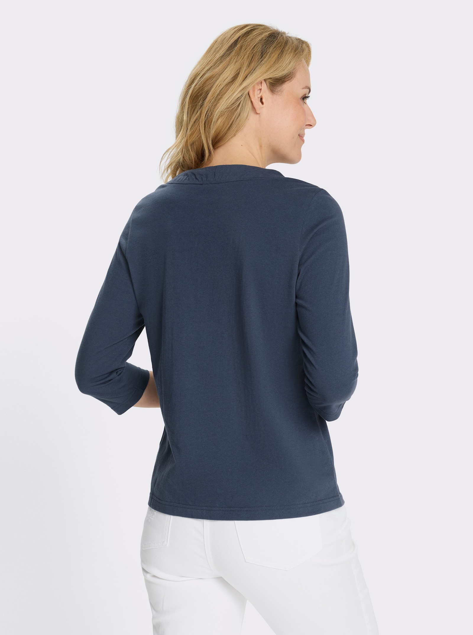 3/4-Arm-Shirt mit Tunnelzug am Rundhals-Ausschnitt - dunkelblau