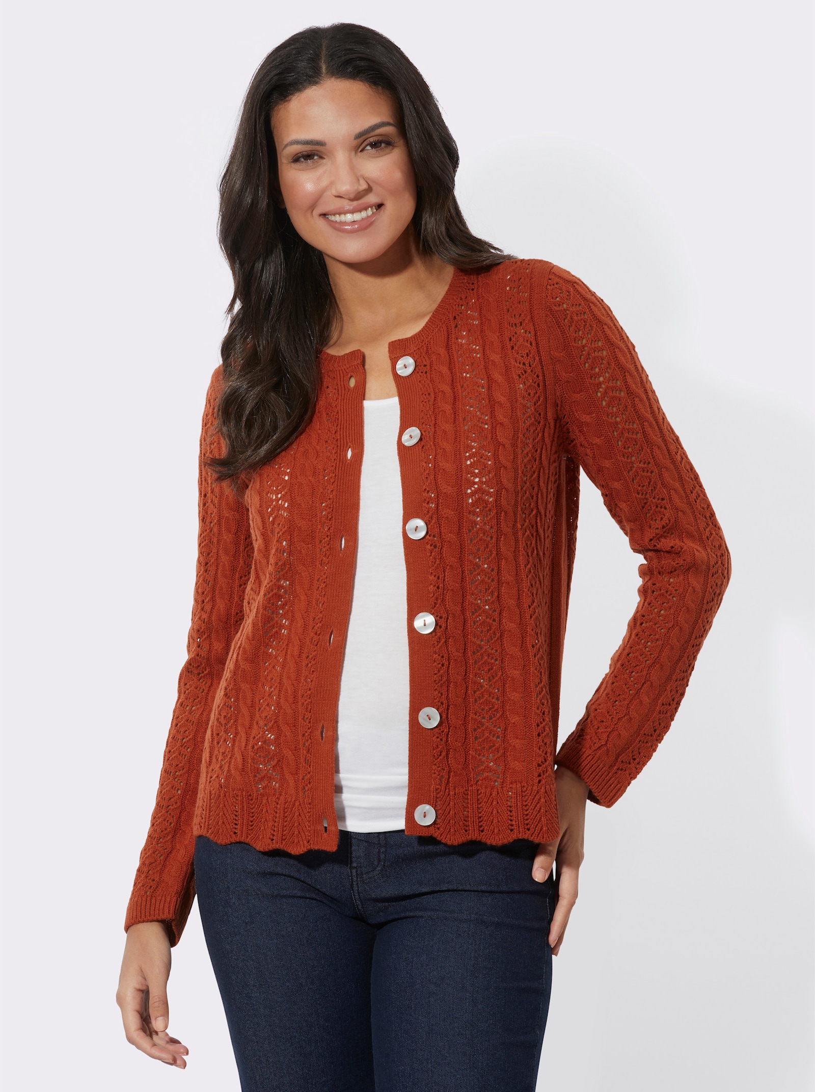 Ajourstrickjacke mit Wellensaum - rostrot