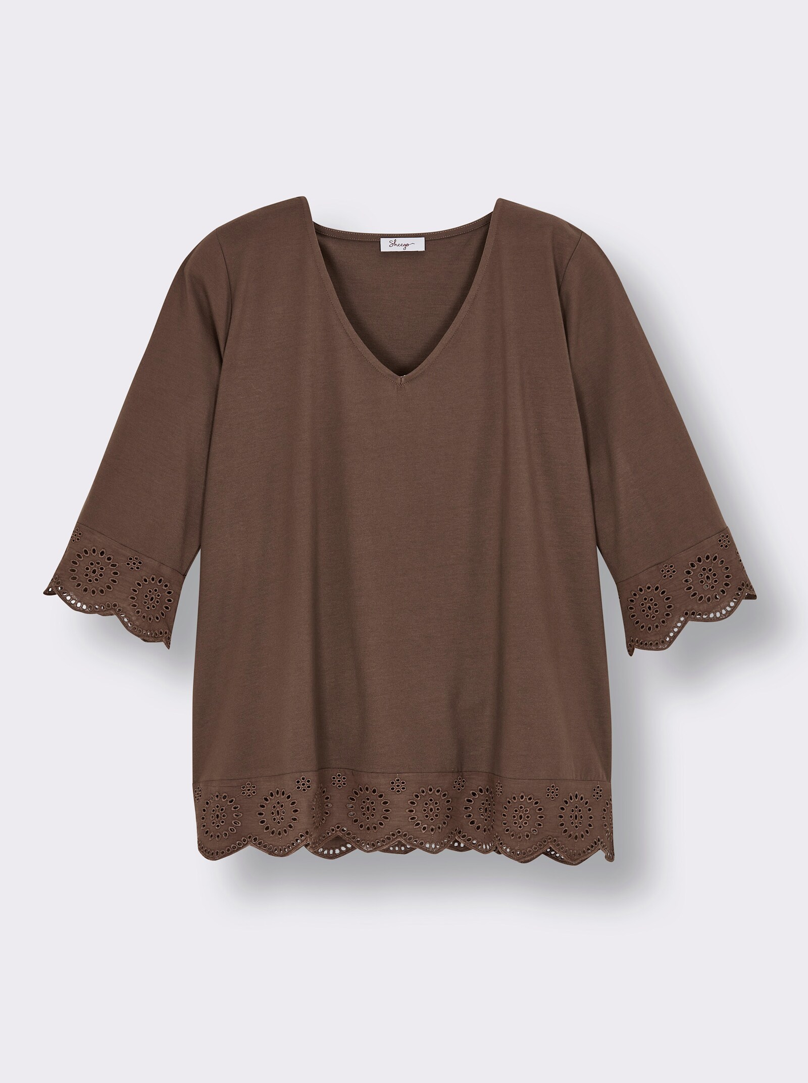 sheego V-Shirt mit Lochstickerei-Volants - schoko-champagner