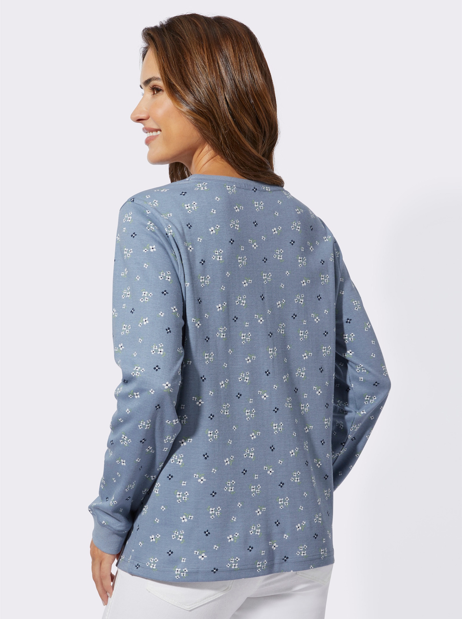 Sweatshirt met bloemetjesprint - duivenblauw/ecru bedrukt