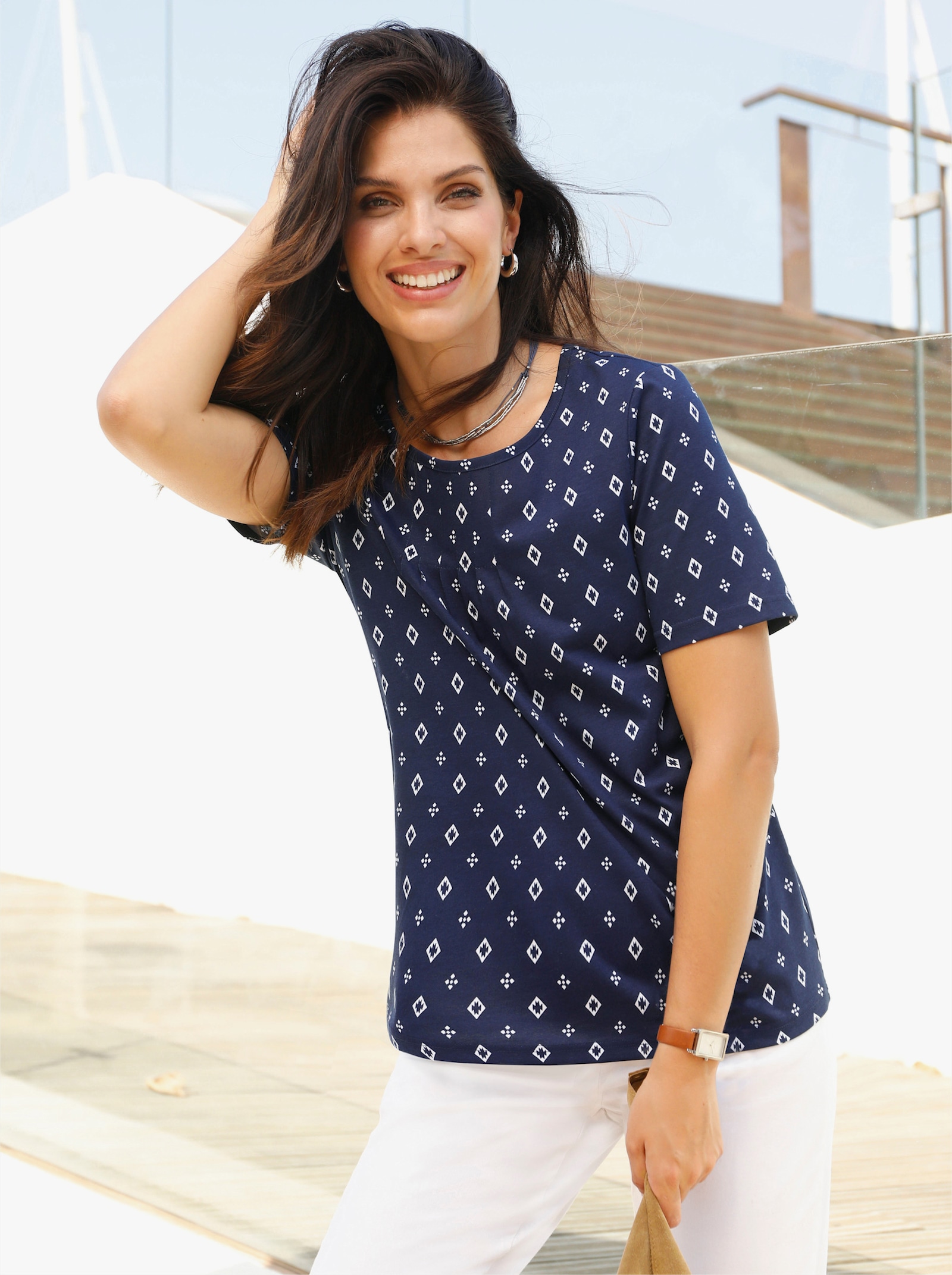 Kurzarmshirt im Minimal-Muster - marine-weiss-bedruckt