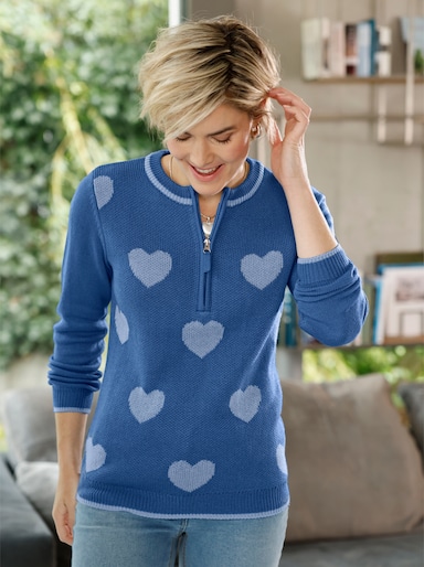 Langarm-Pullover mit Herz-Muster - mittelblau-eisblau-gemustert