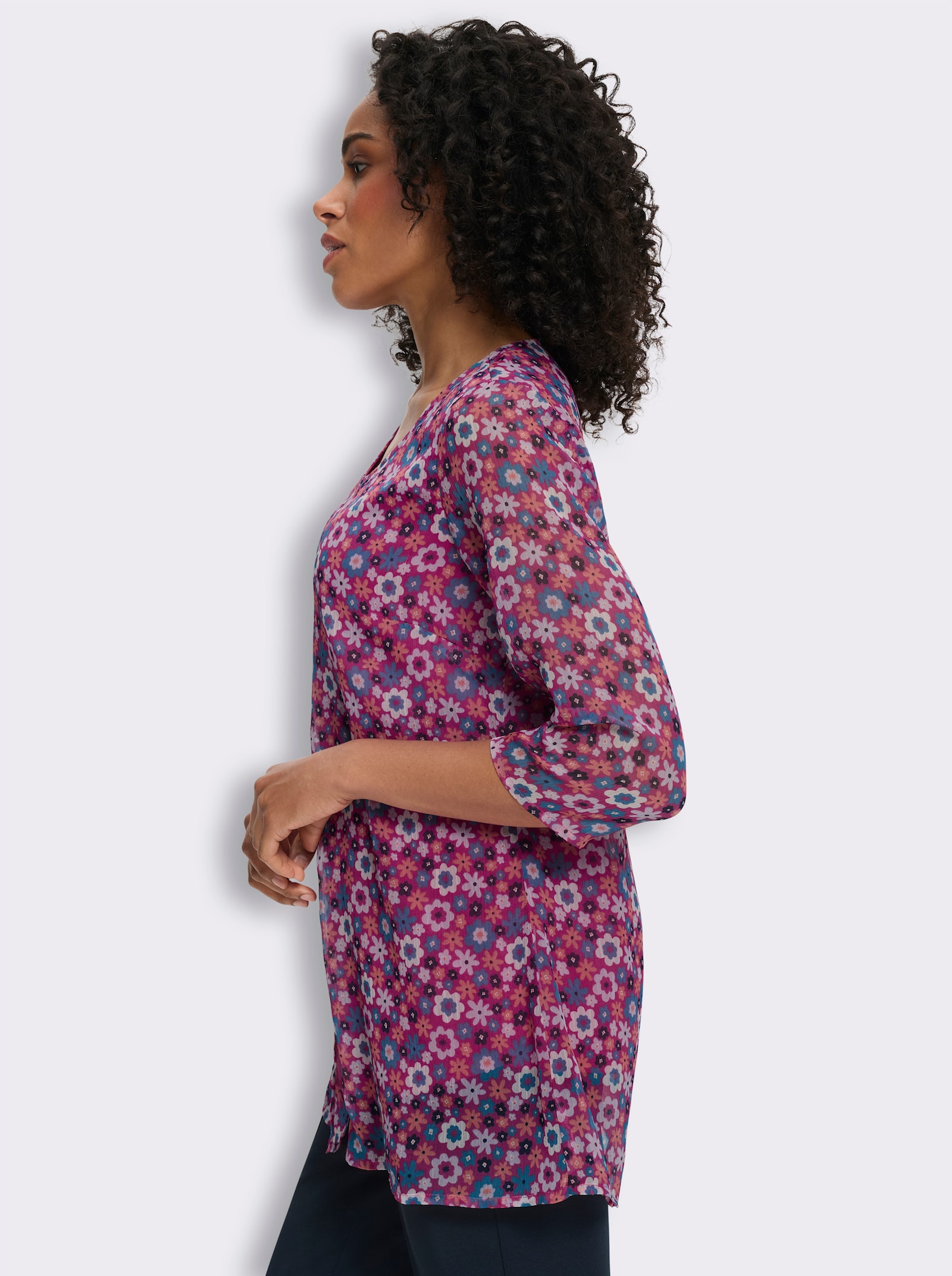 Longbluse in 2-in-1-Optik, obere Lage transparent - magenta-topas-bedruckt