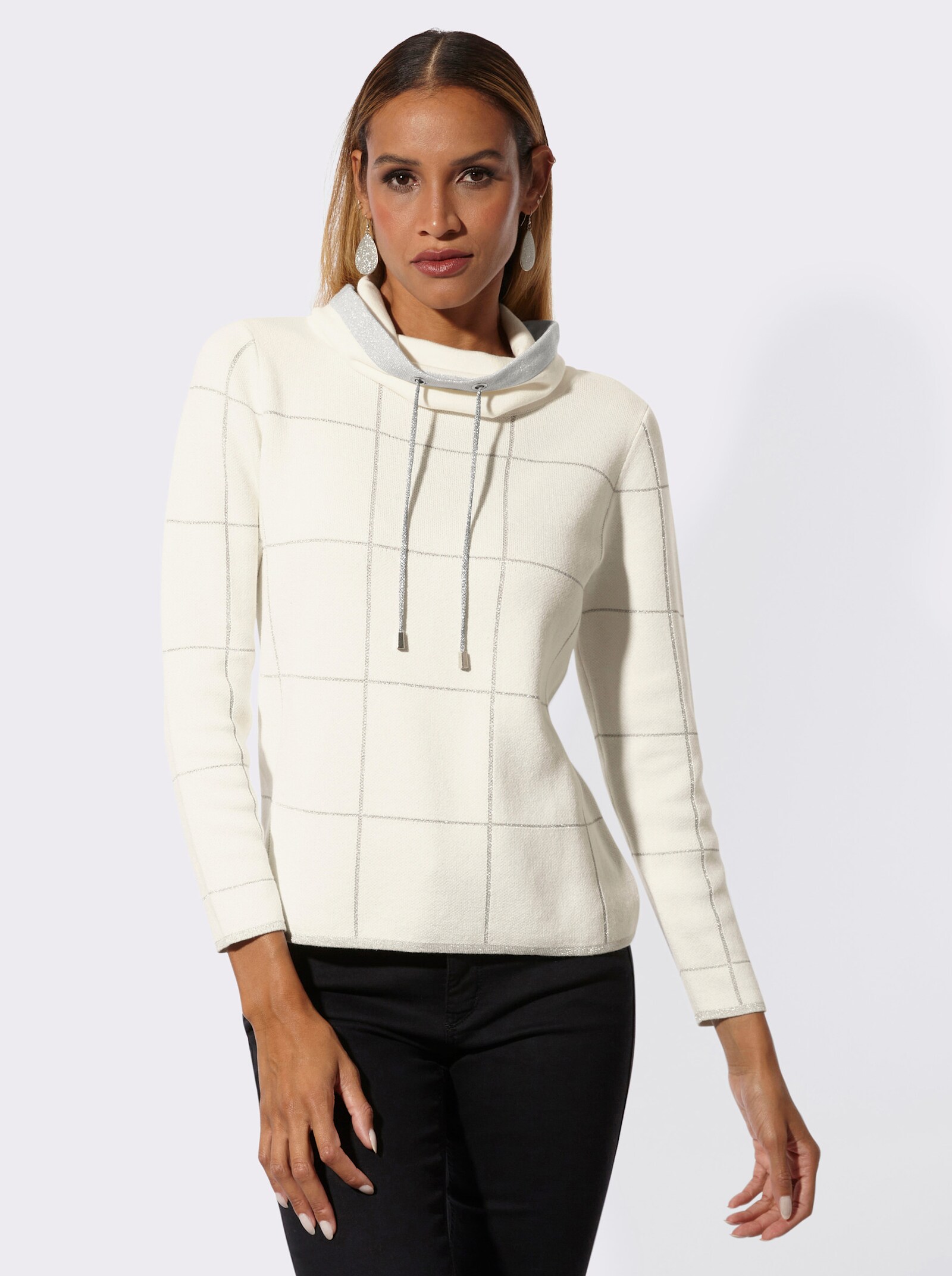 Jacquard-Pullover mit weitenregulierbarem Rollkragen - ecru-silberfarben