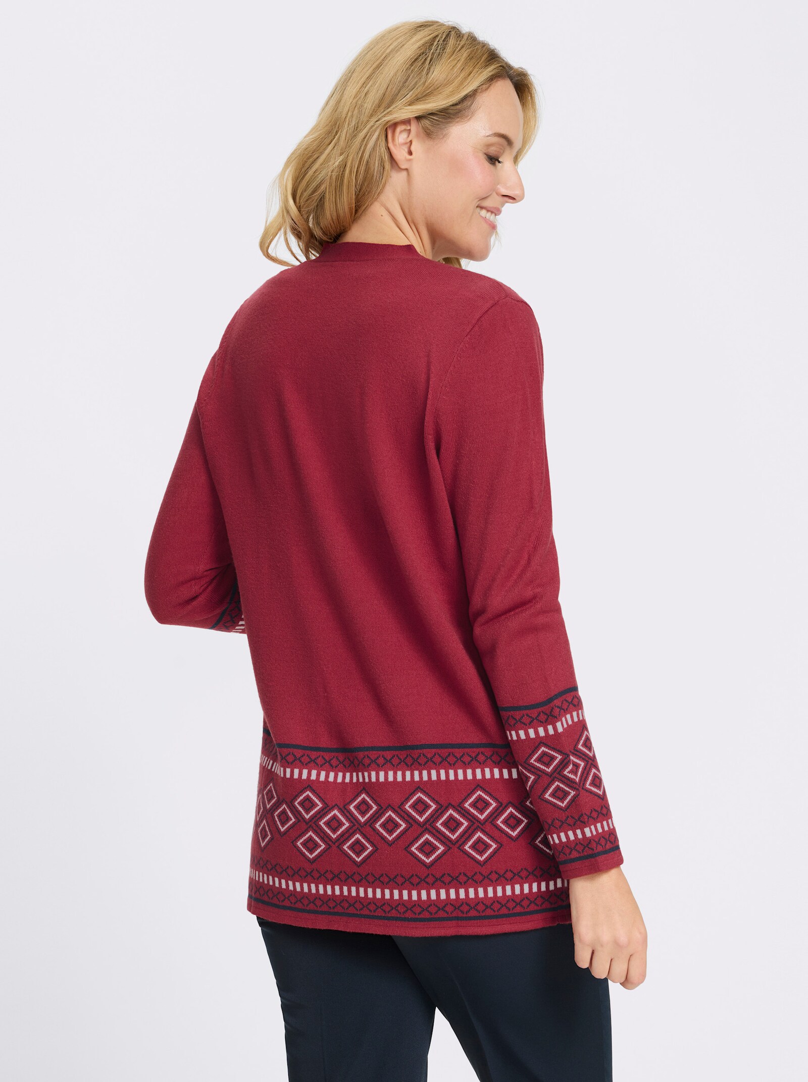 Longstrickjacke mit Bordüren-Muster - kirsche-marine