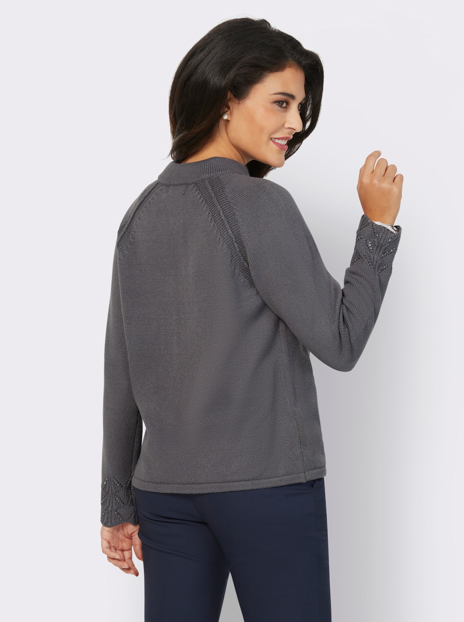 Strickjacke mit Ajourbordüre - anthrazit