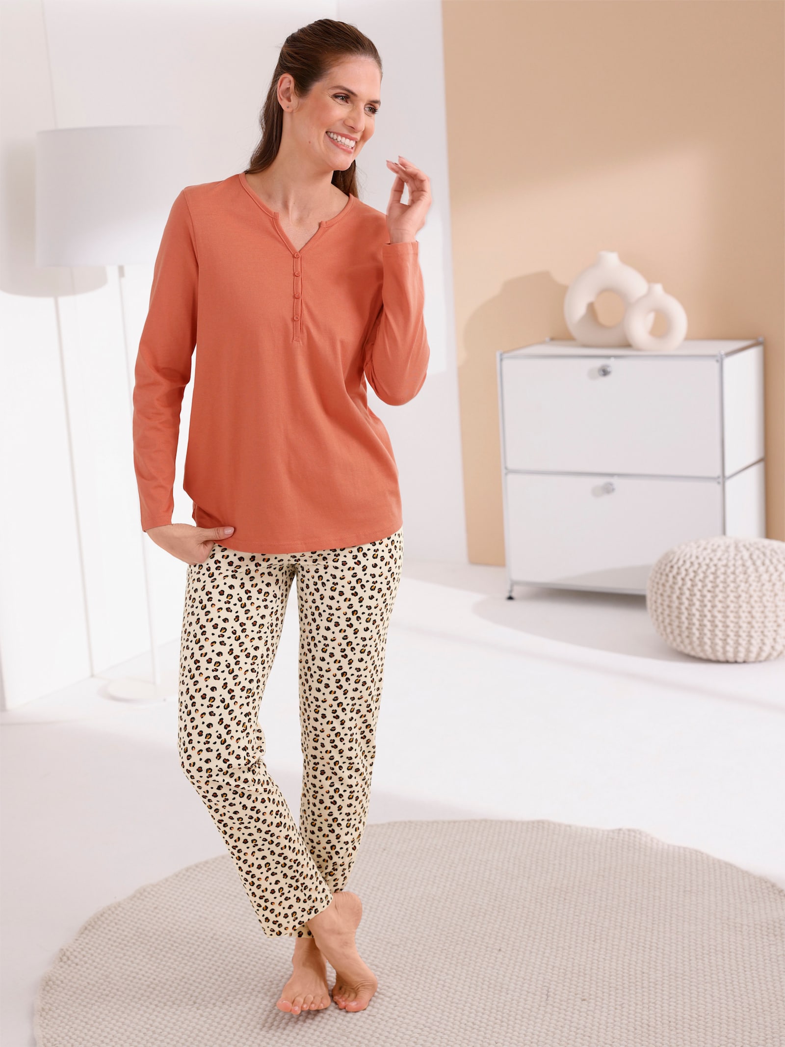 wäschepur Schlafanzüge aus reiner Baumwolle - marine-papaya-bedruckt + papaya-elfenbein-bedruckt