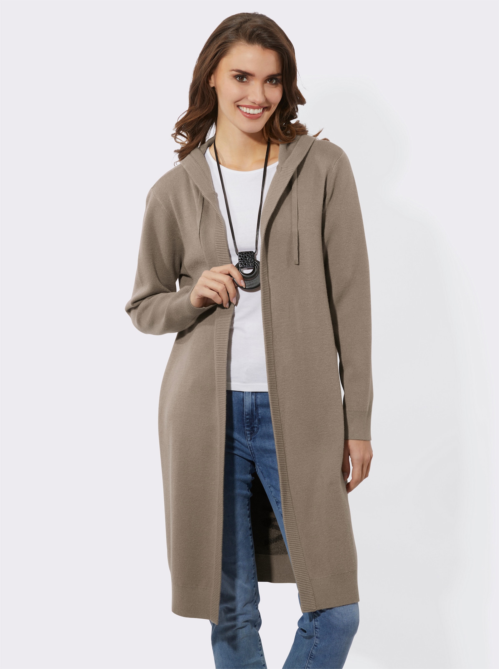 Lang vest met capuchon - leem/zwart