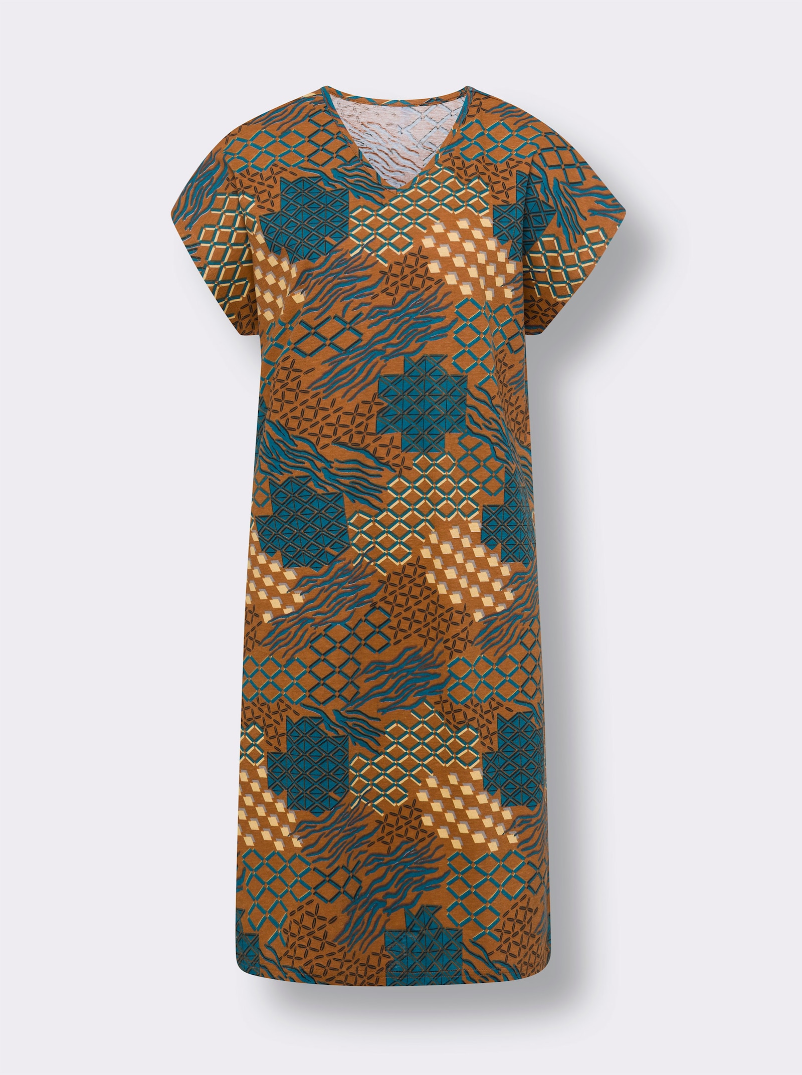 Sommerkleid mit Grafik-Print allover - rotbraun-petrol-bedruckt