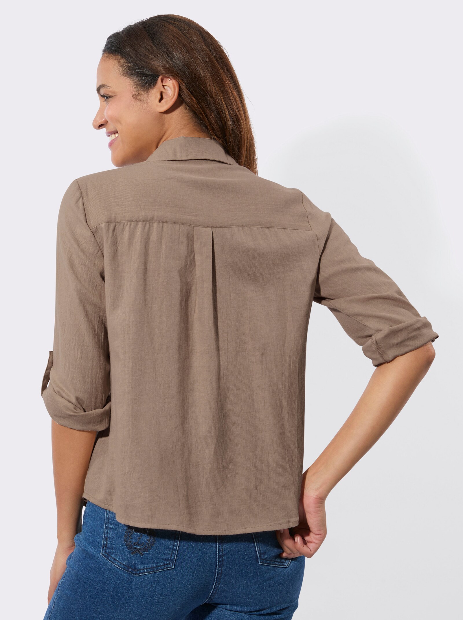 Flanellbluse mit Karomuster-Details - beige