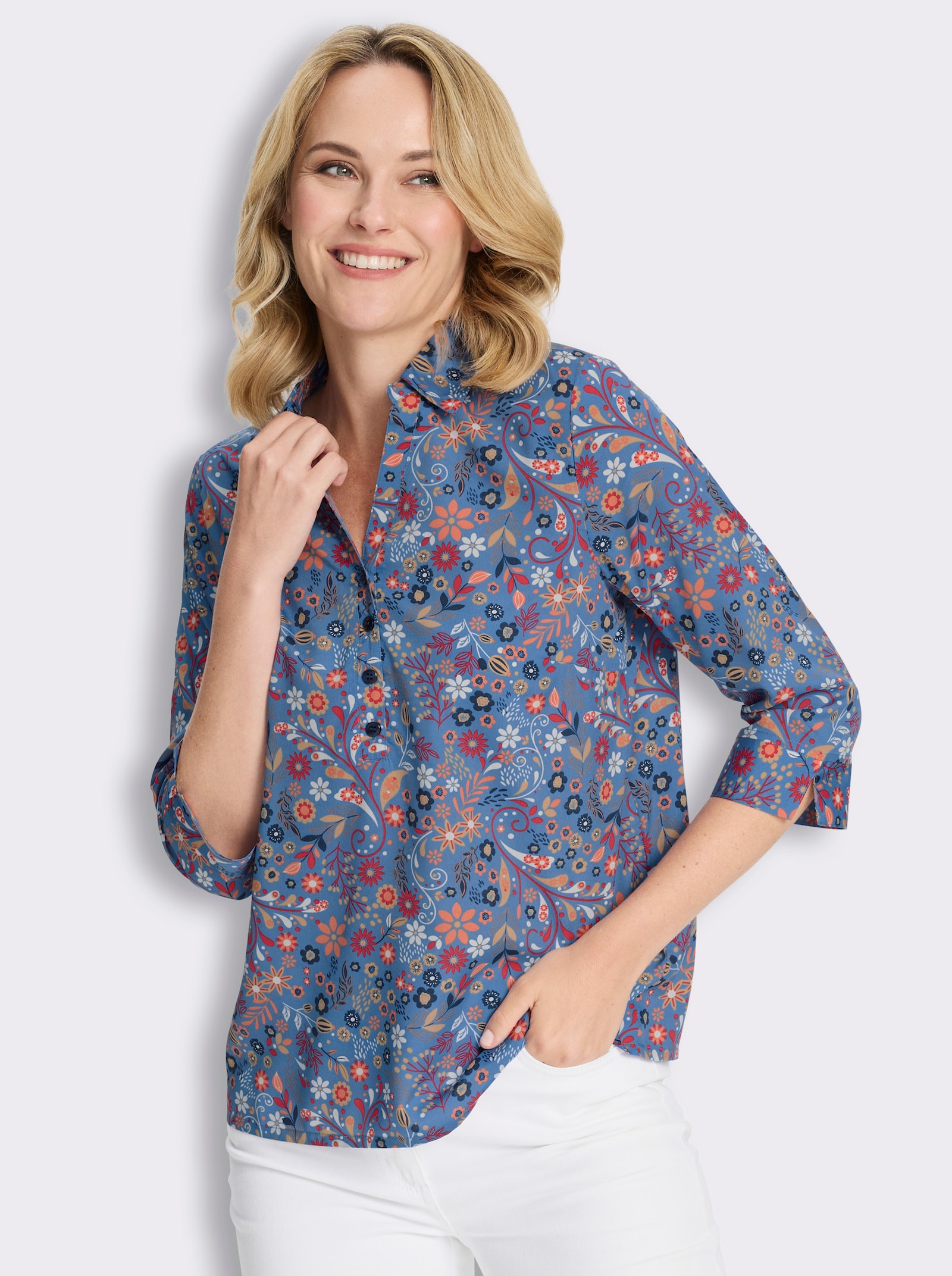Druckbluse mit Blumen-Muster - dunkelblau-papaya-bedruckt