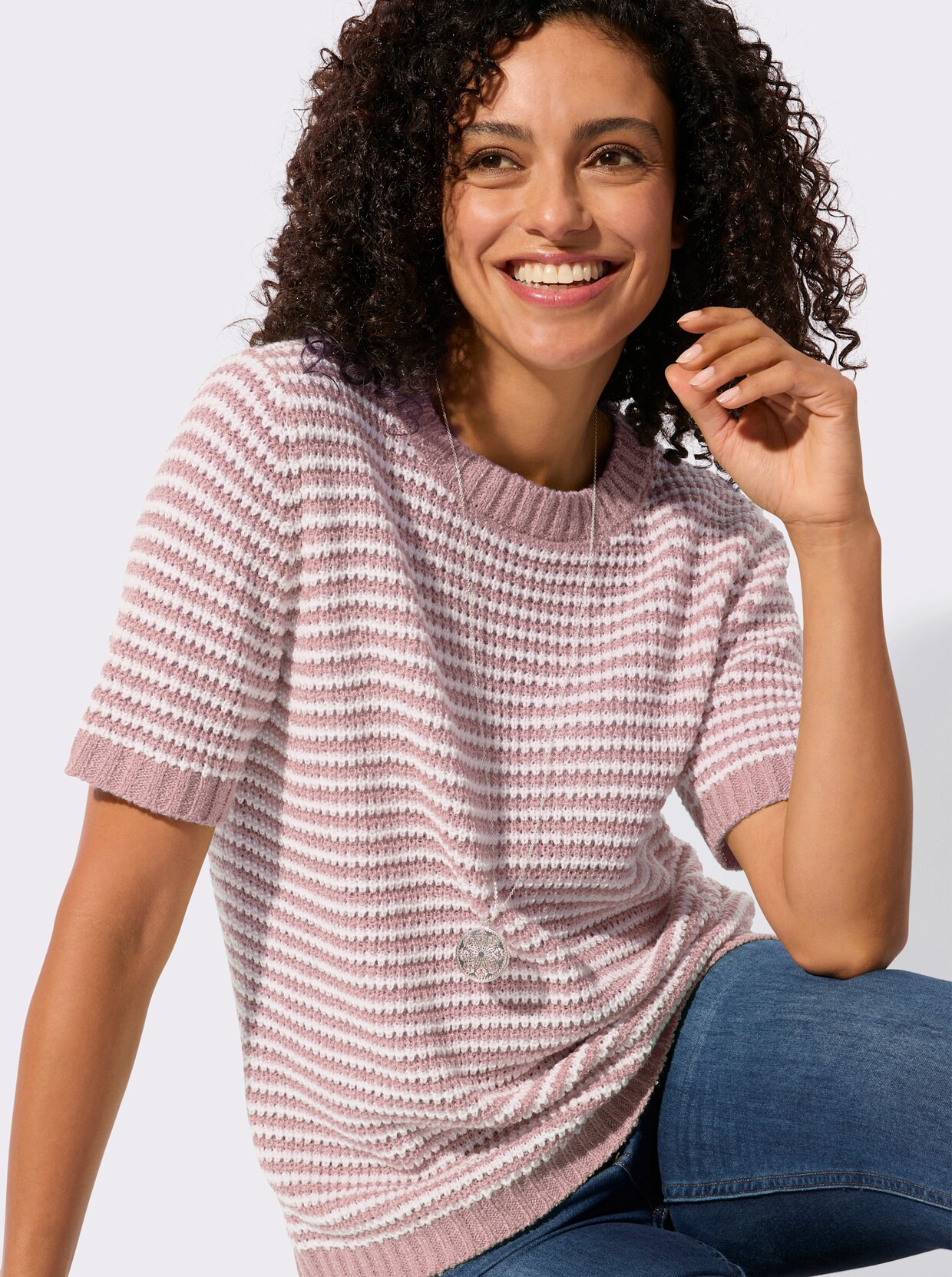Kurzarmpullover - mauve-ecru-geringelt