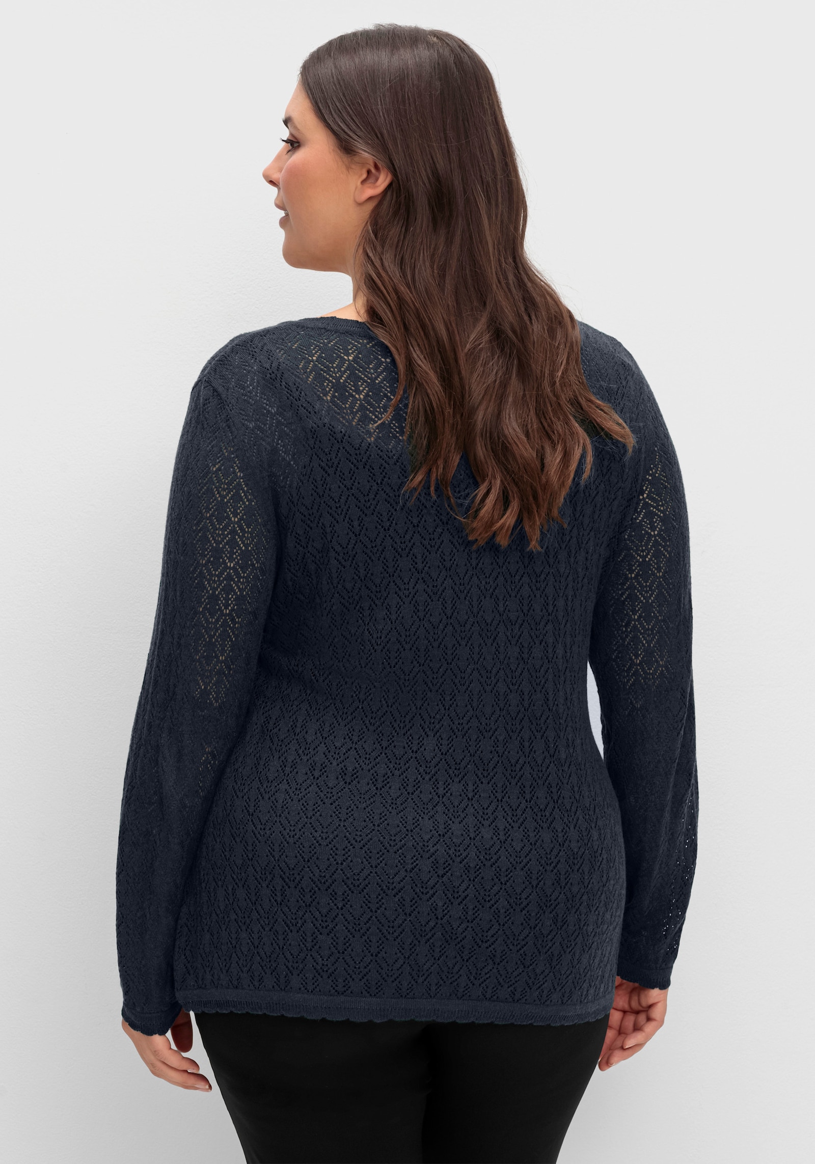 sheego Ajourpullover in wikkellook - diepblauw