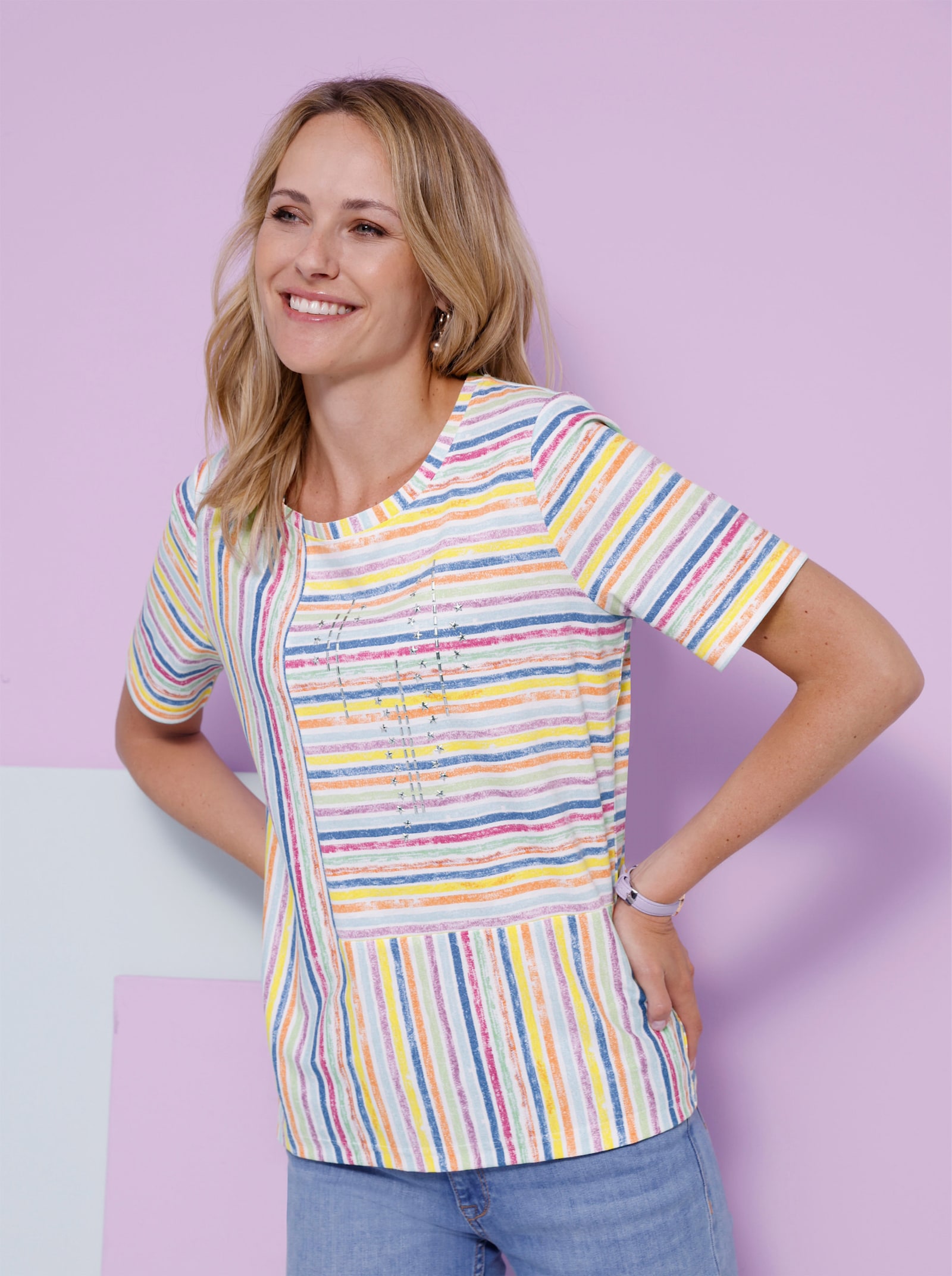 Kurzarmshirt aus reiner Baumwolle, gestreift - weiß-gelb-bedruckt