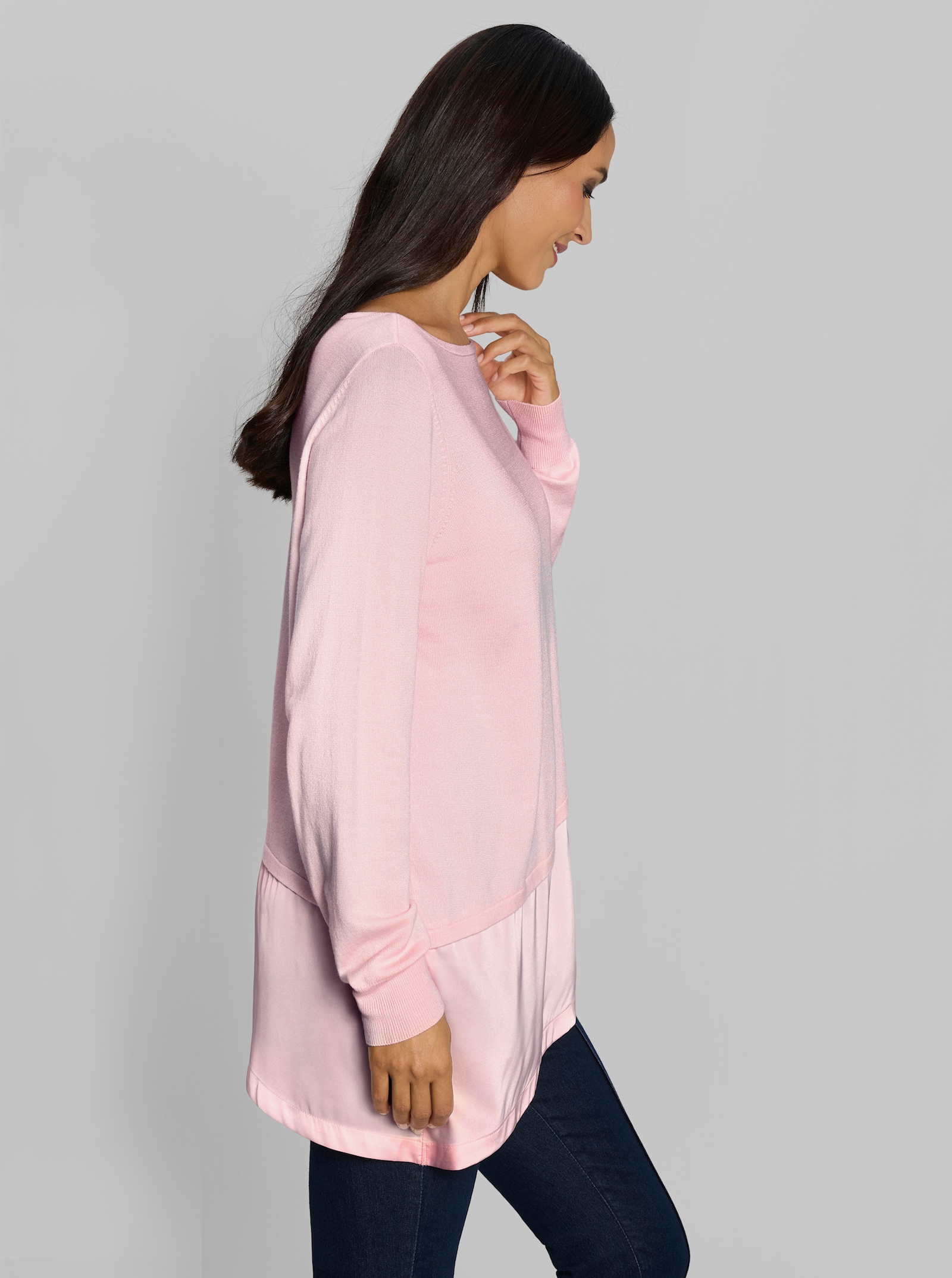 heine Longpullover mit Bluseneinsatz aus Satin - hellrosé
