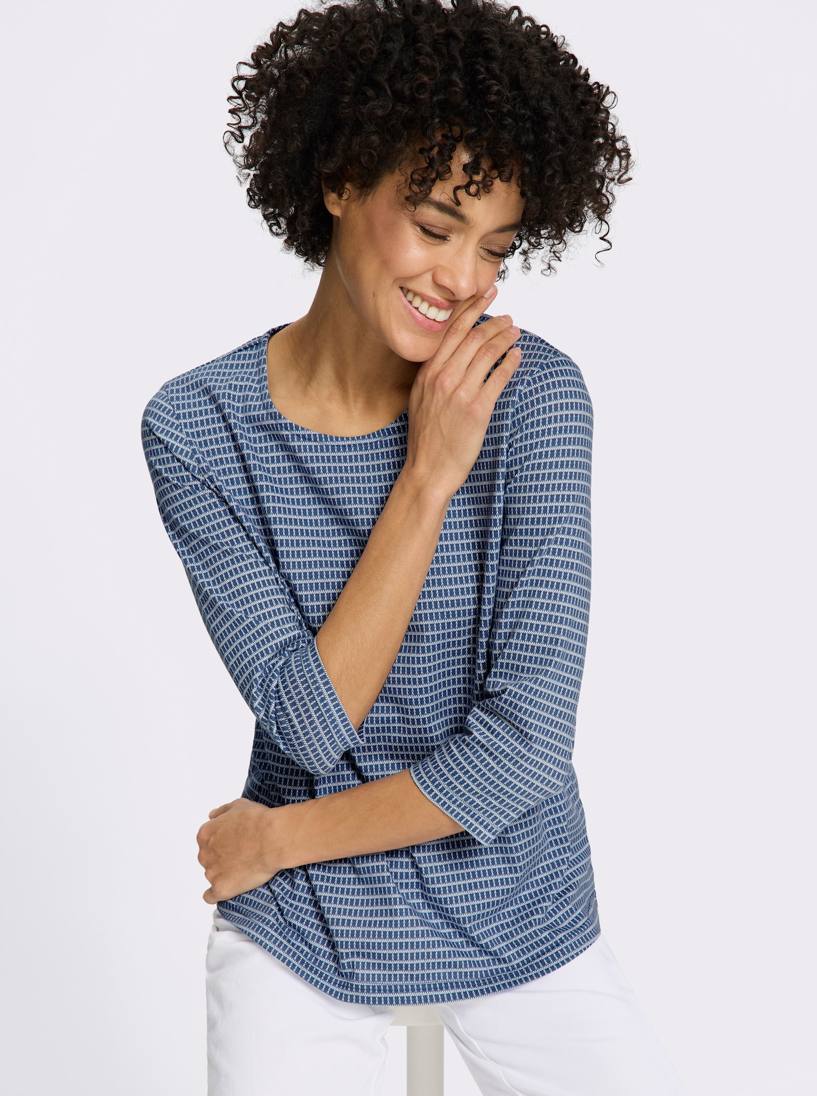 3/4-Arm-Shirt mit Minimal-Druck - jeansblau-ecru-bedruckt