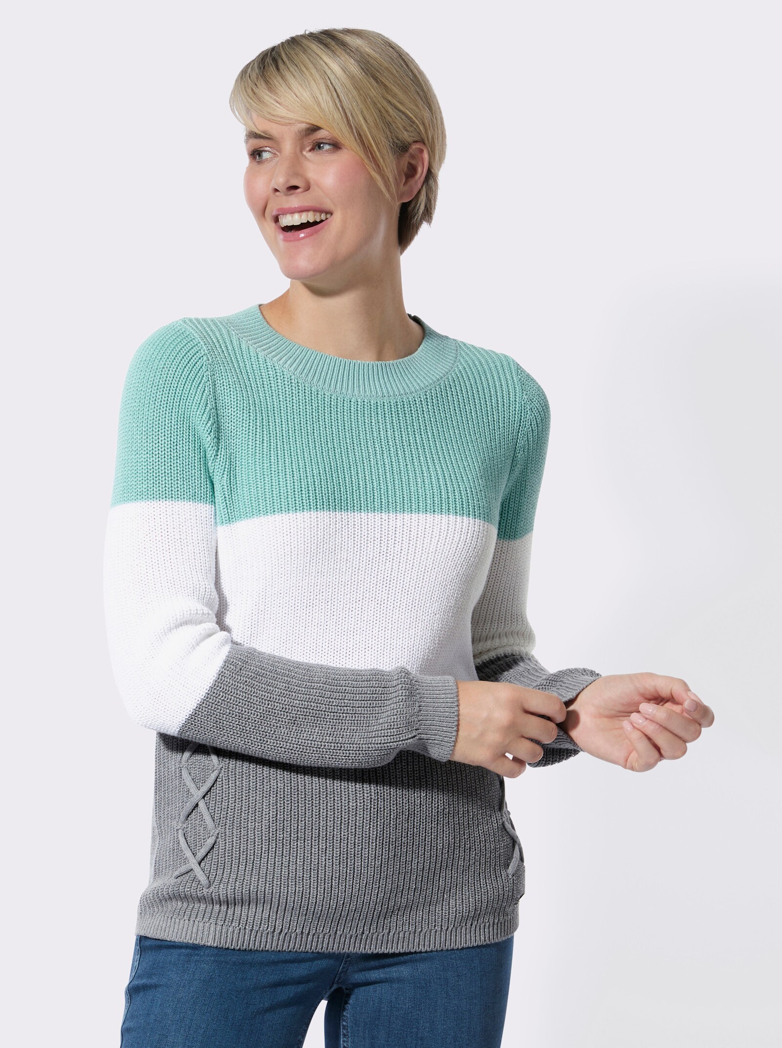Rundhalspullover mit Strickkordeln - mint-ecru-gemustert