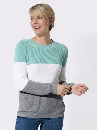 Rundhalspullover mit Strickkordeln - mint-ecru-gemustert