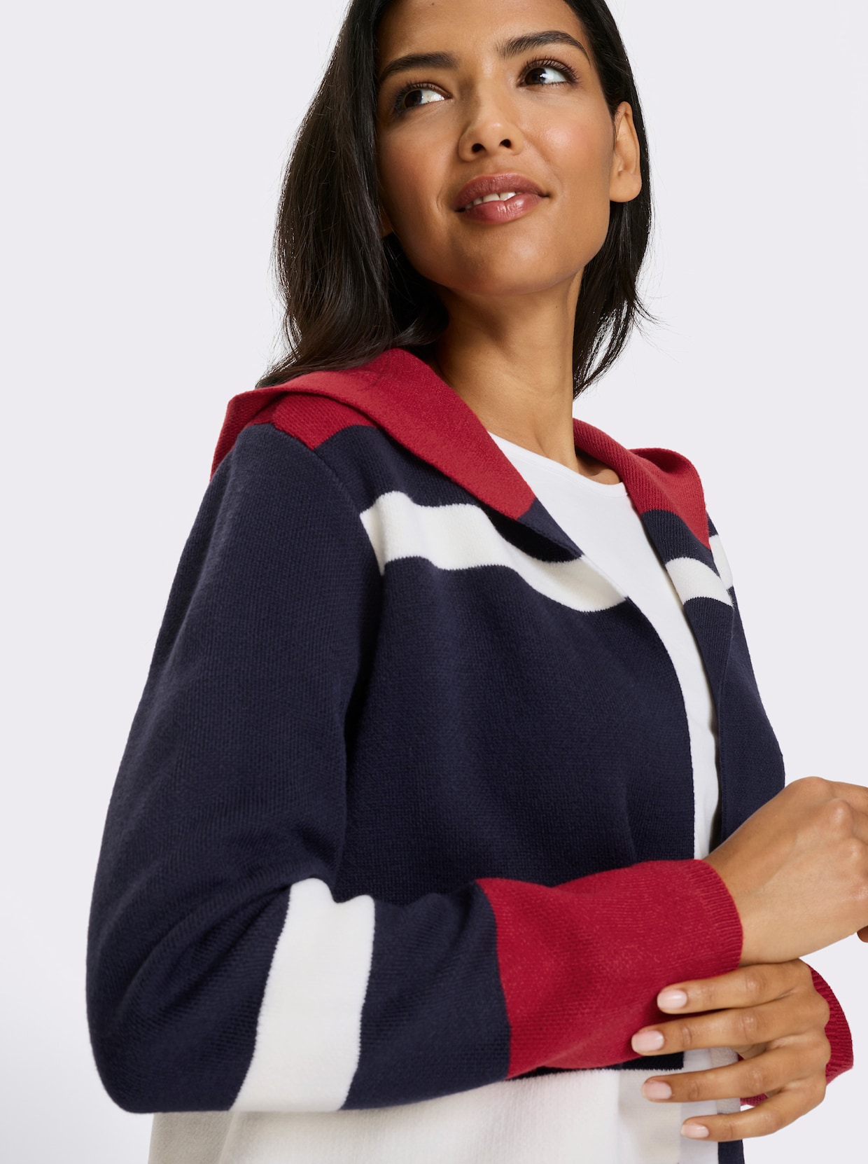 Longstrickjacke - marine-weiß-geringelt