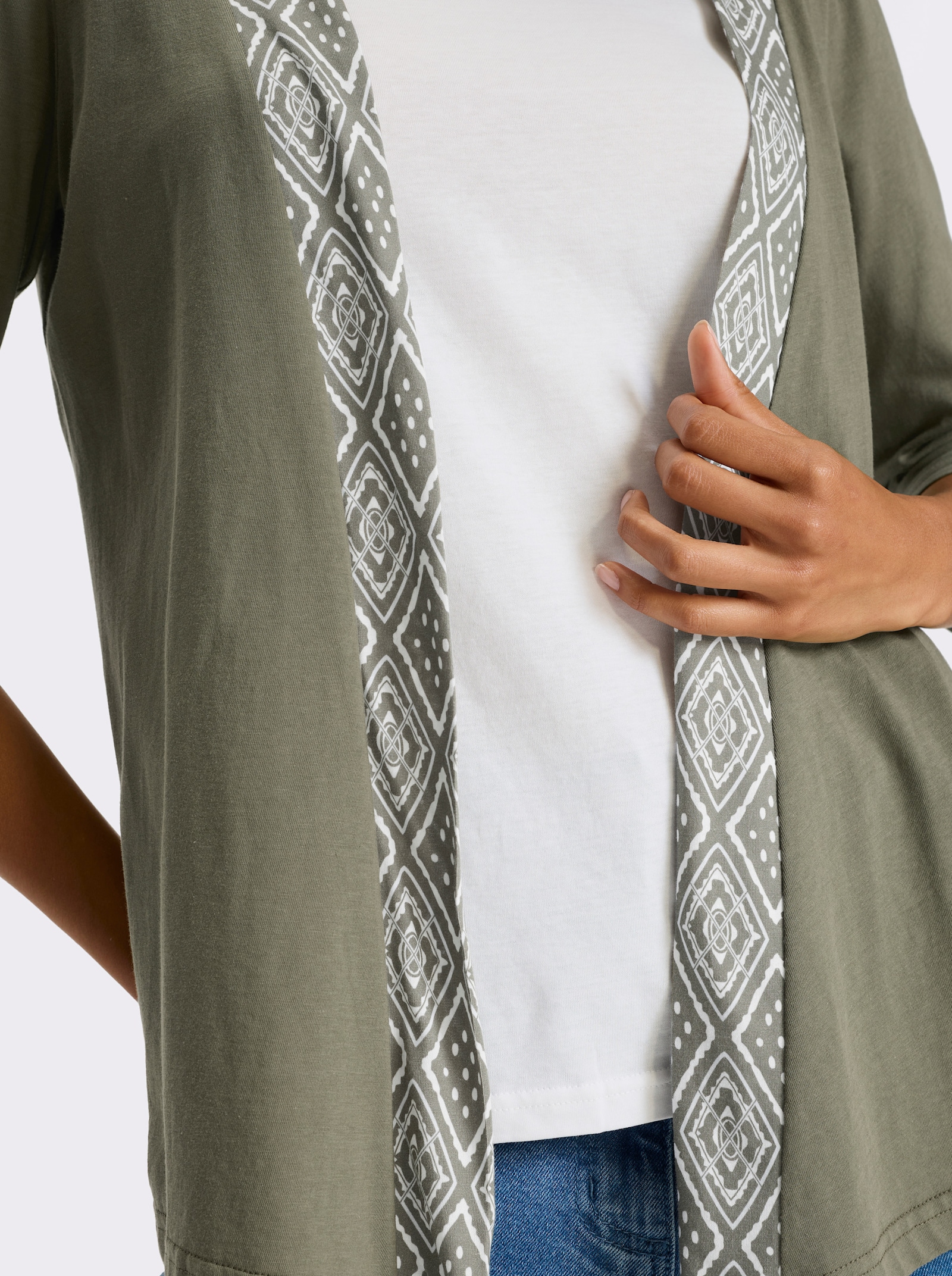 Shirtjasje met bies in etnostijl - kaki/ecru