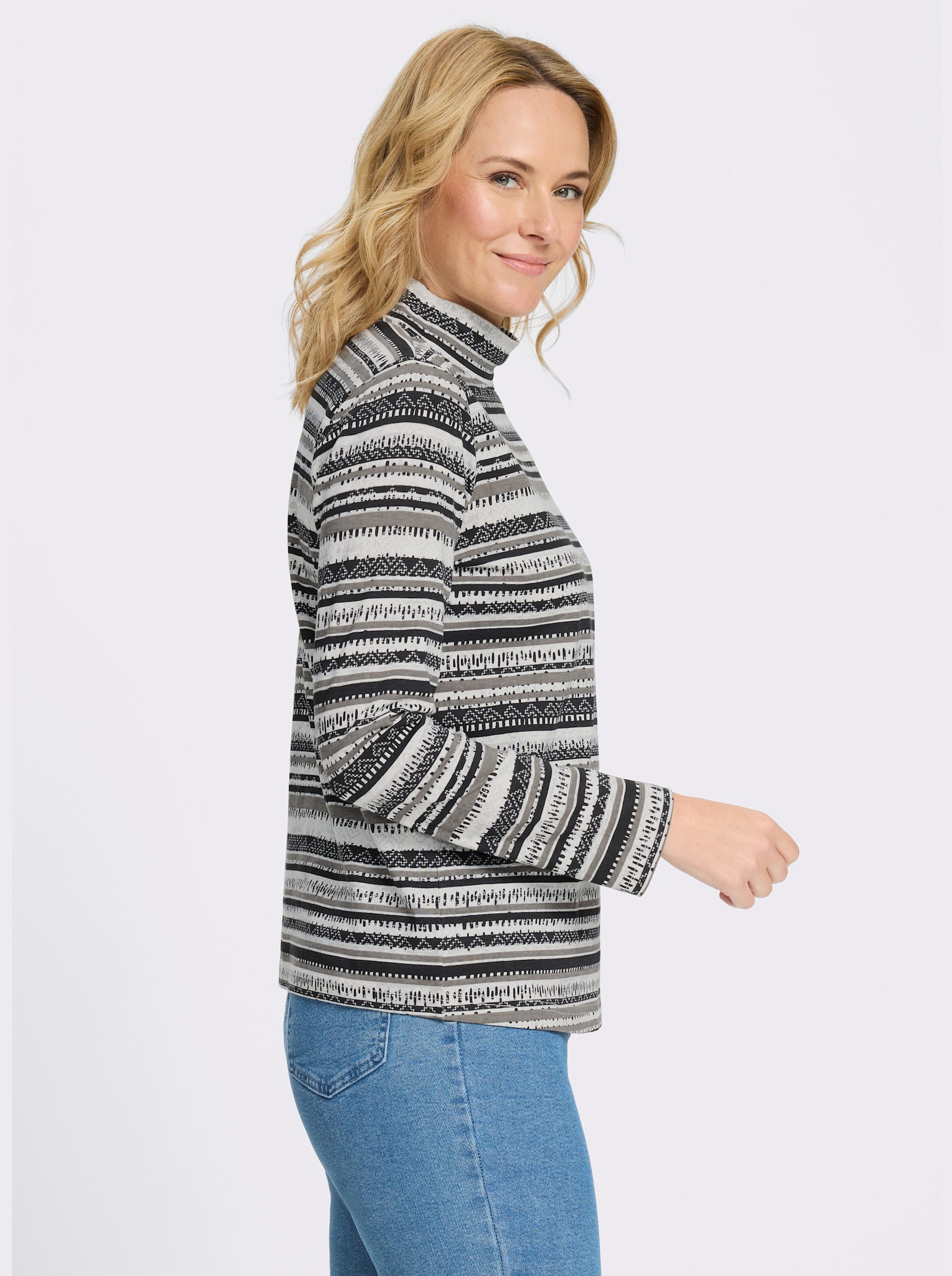 Stehkragenshirt mit Ethno-Druck - schwarz-ecru-bedruckt