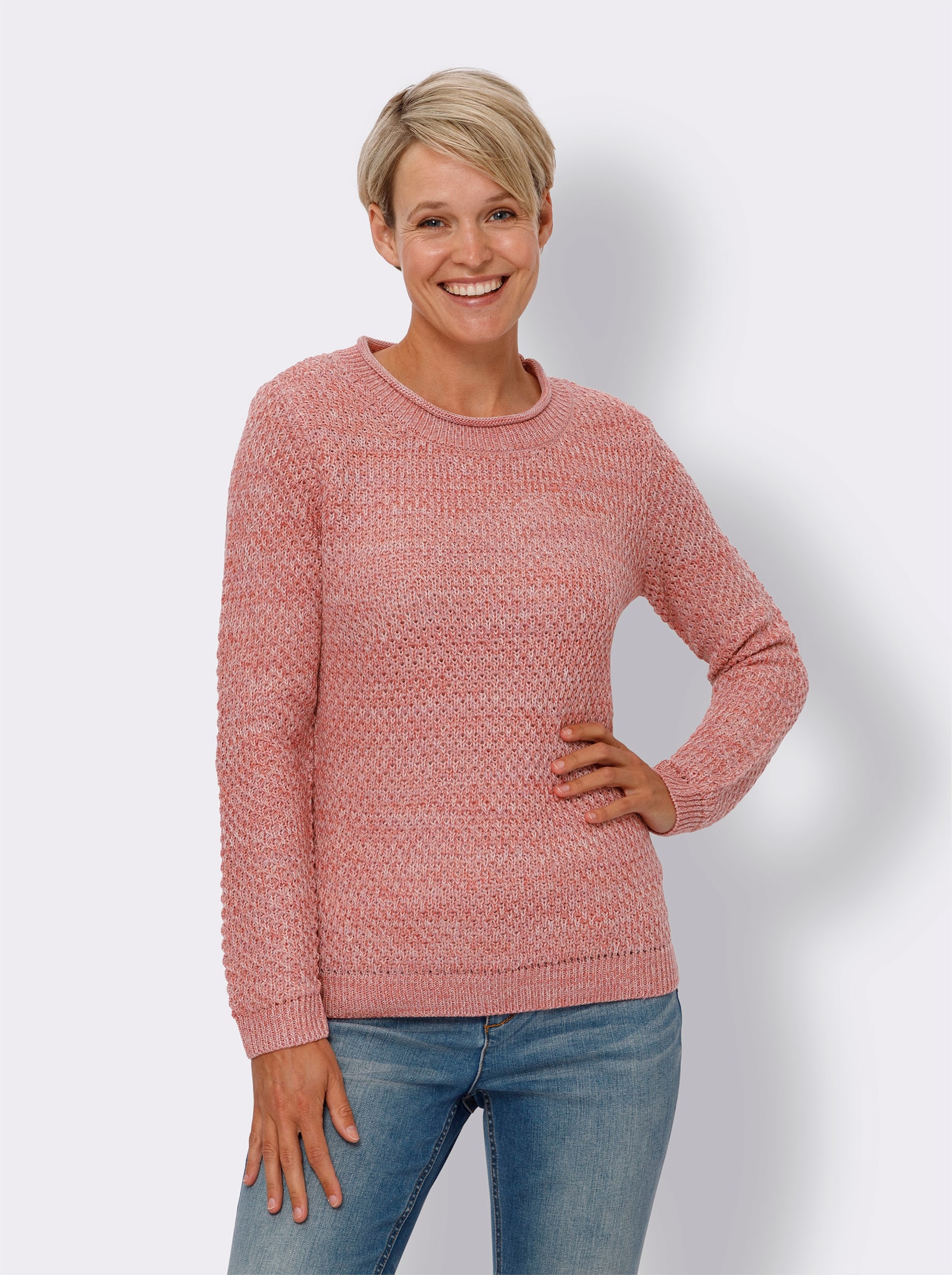 Rundhalspullover in pflegeleichter Qualität - rosenquarz-ecru-gemustert