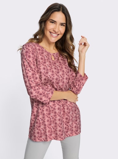 Longshirt mit Tropfen-Ausschnitt - rosenquarz-bordeaux-bedruckt