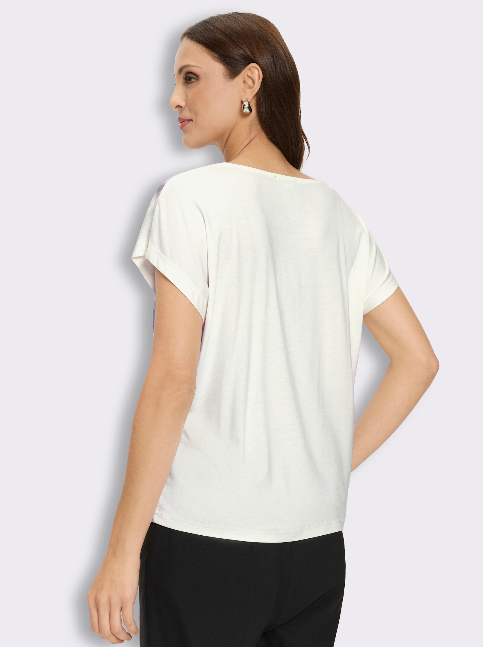 Kurzarmshirt mit siberfarbenem Folienprint - ecru-malve-bedruckt