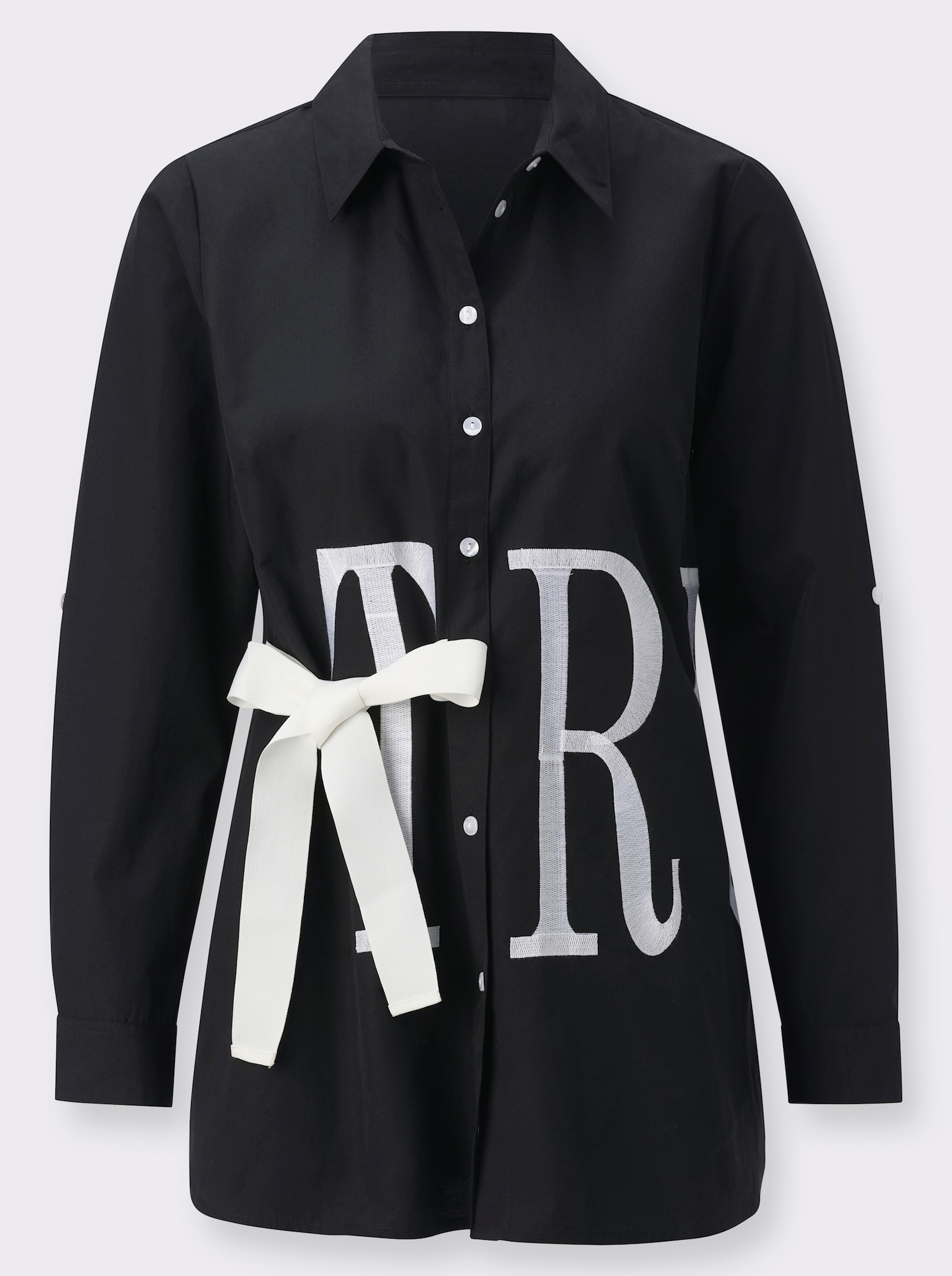 Longbluse mit Stickerei-Schriftzug - schwarz-weiß