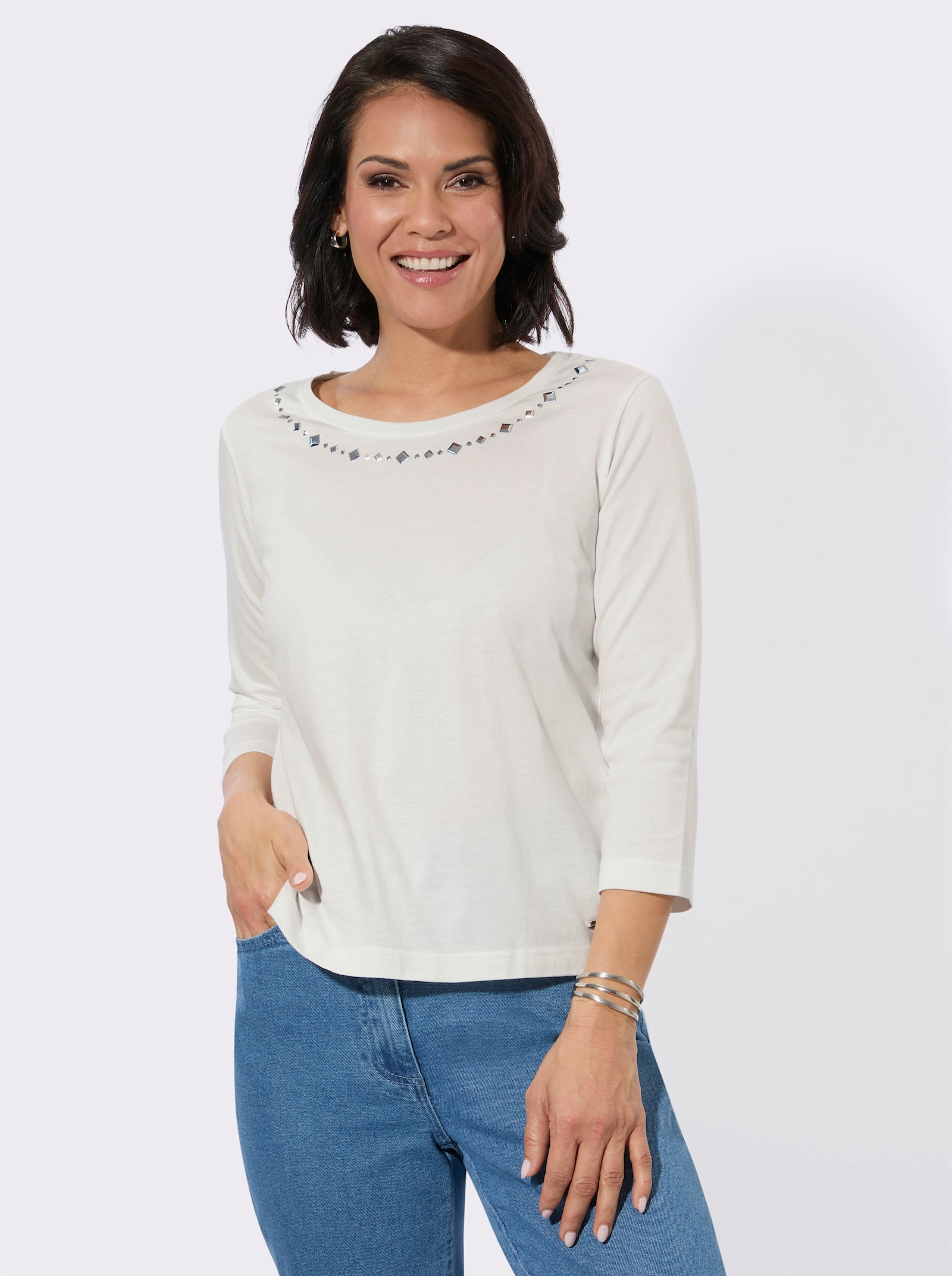 Rundhalsshirt mit Ziersteinchen - ecru