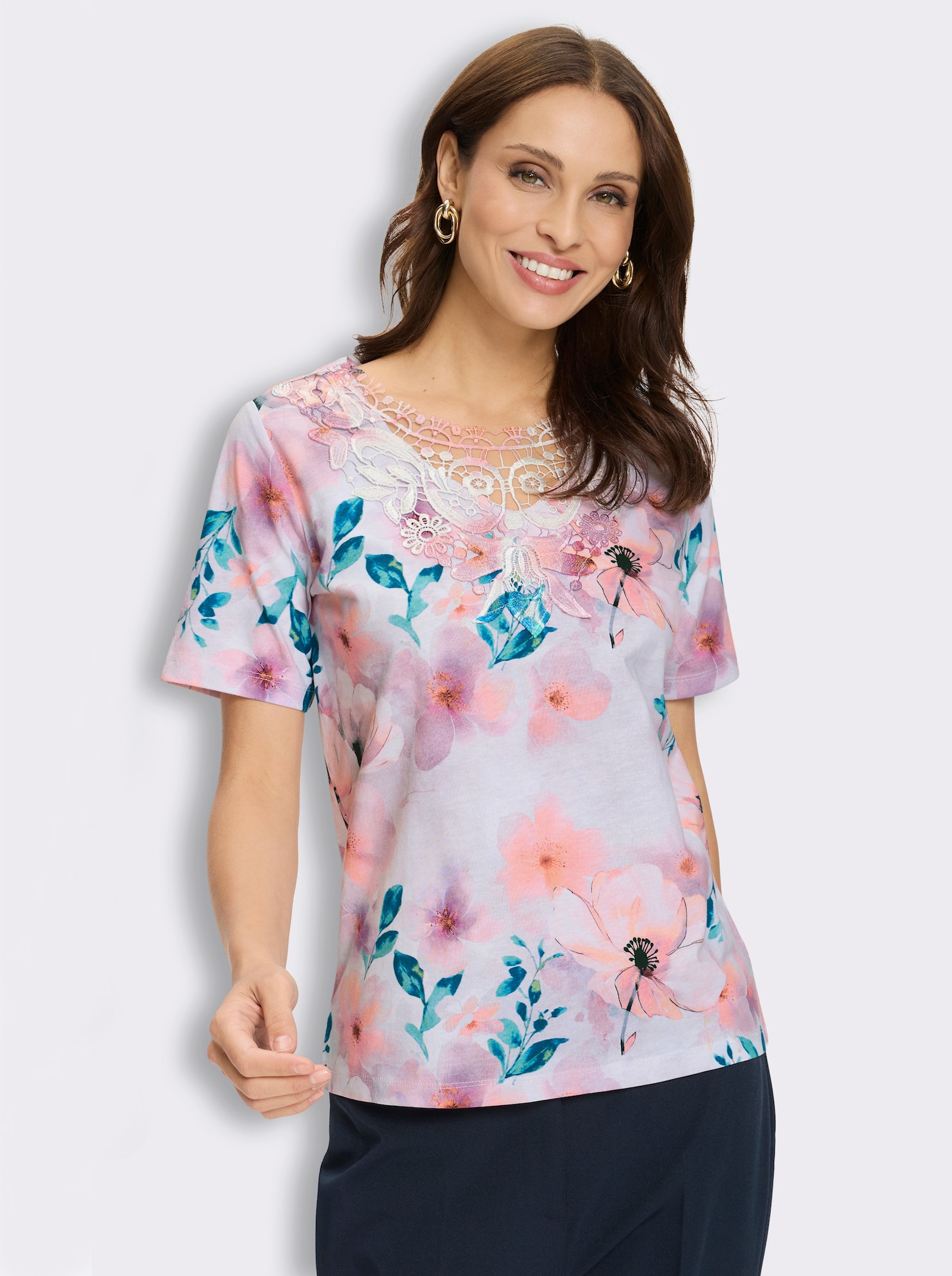 Spitzenshirt mit Spitze am Ausschnitt - ecru-flamingo-bedruckt