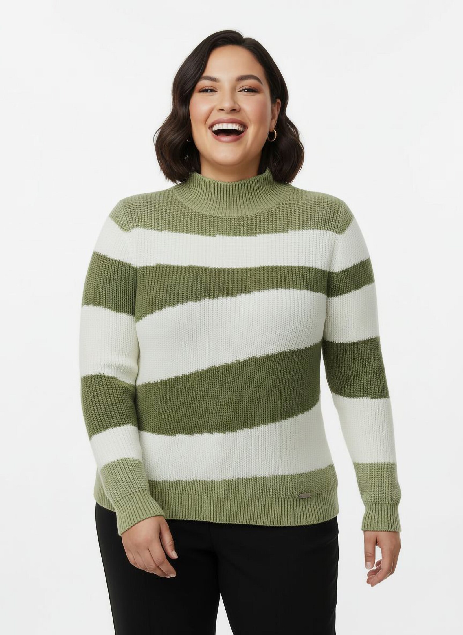 Stehkragenpullover mit Intarsienstrick-Muster - oliv-ecru-gemustert