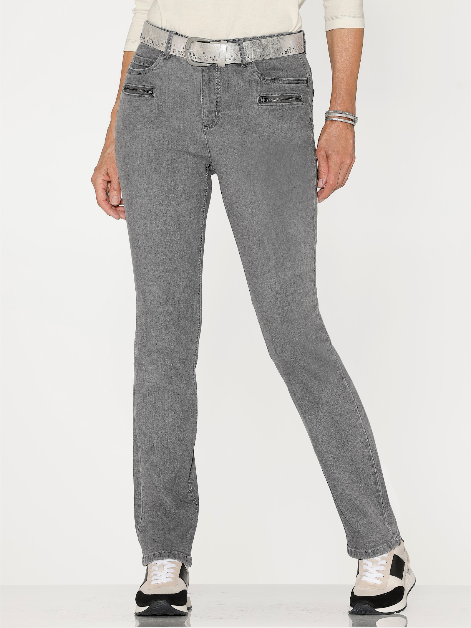 Push-up-Jeans mit Reißverschluss-Taschen - grey denim