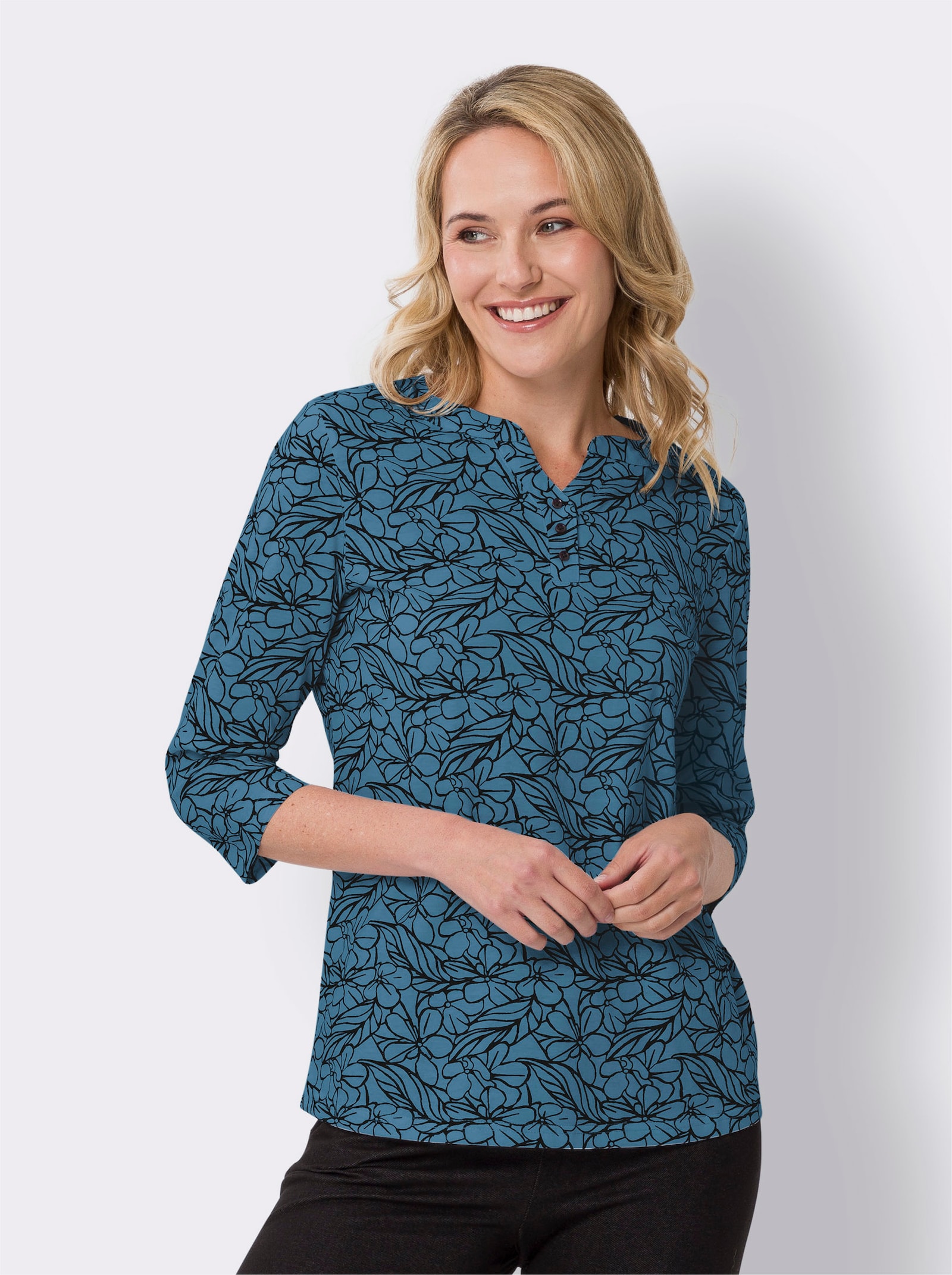 Shirt met 3/4-mouwen in bloemdessin - topaas/zwart bedrukt