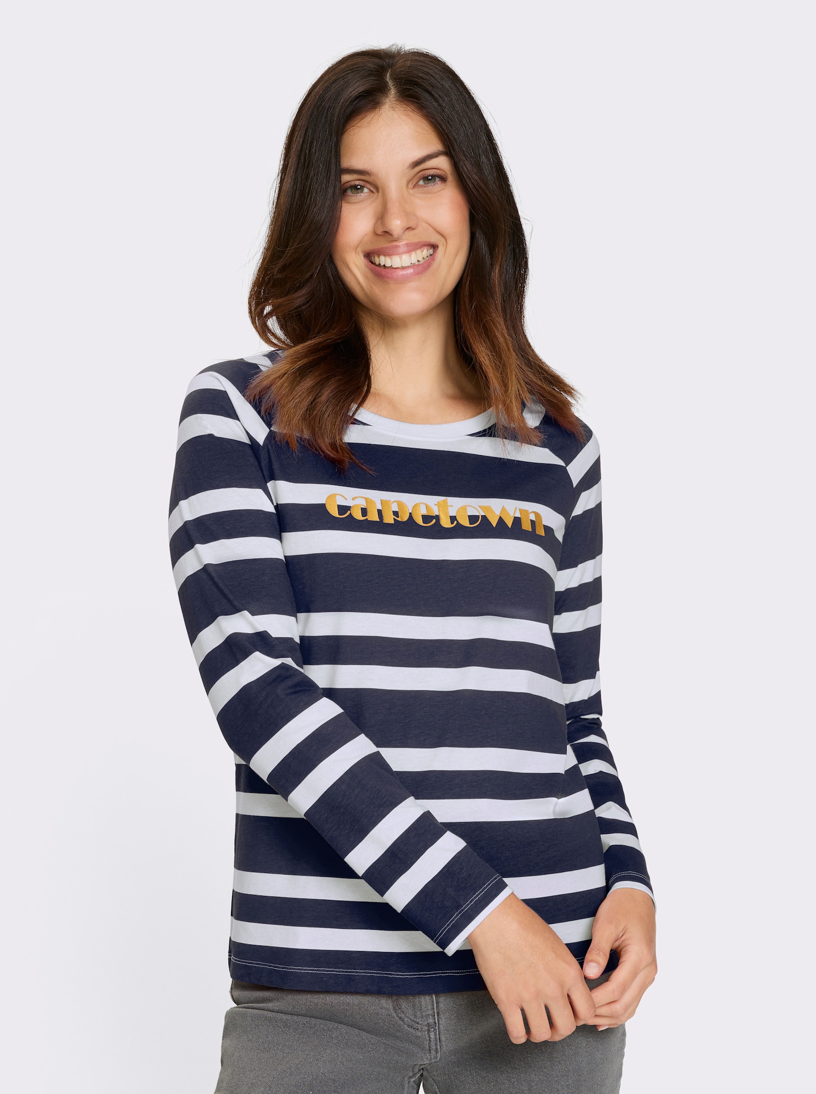Streifenshirt mit goldfarbener Aufschrift - marine-weiss-geringelt