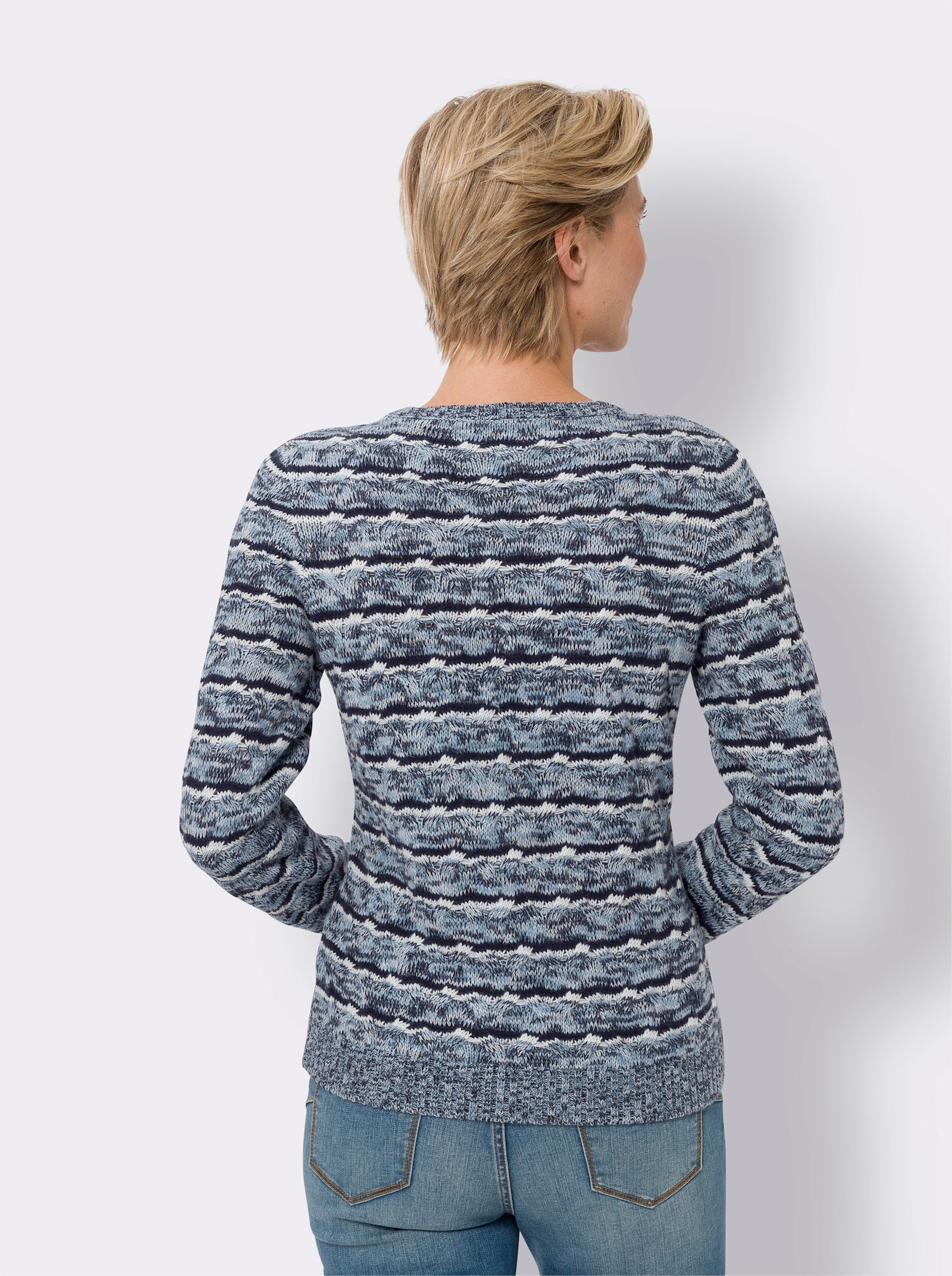 Langarm-Pullover aus Melange-Garn - marine-ecru-gemustert