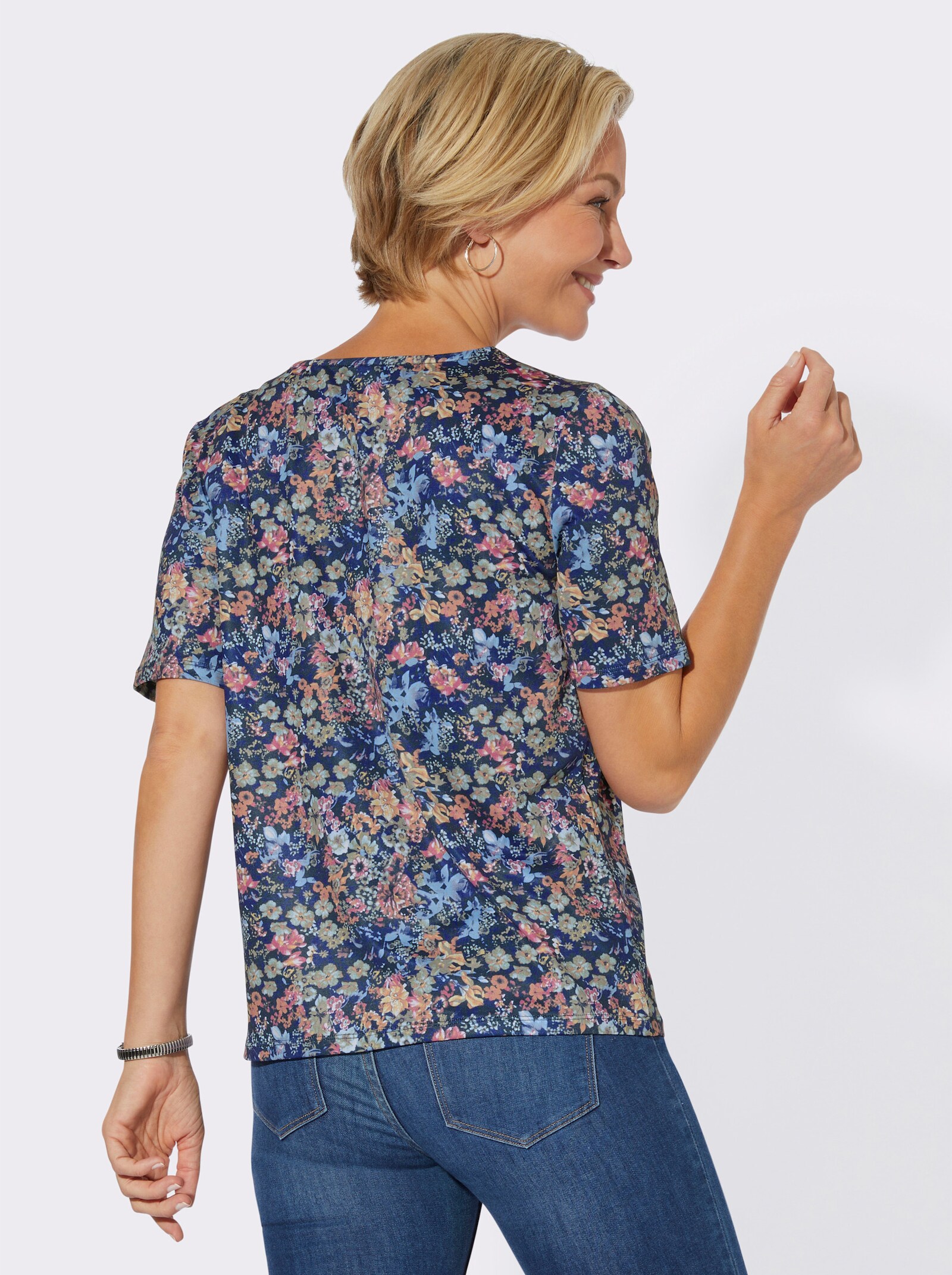 Print-Shirt mit Blumen-Motiven - dunkelblau-fuchsia-bedruckt