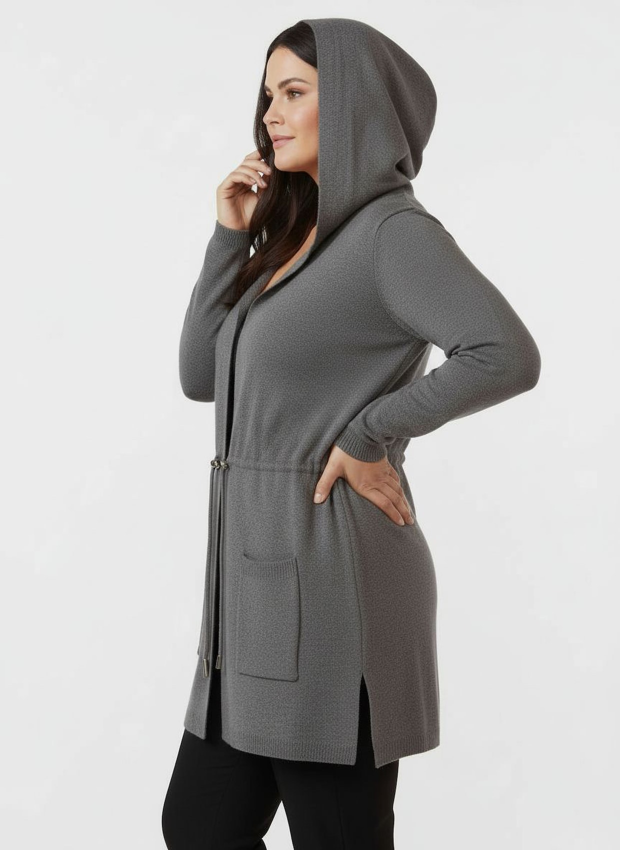 Kapuzenstrickjacke mit Tunnelzug in der Taille - anthrazit-meliert