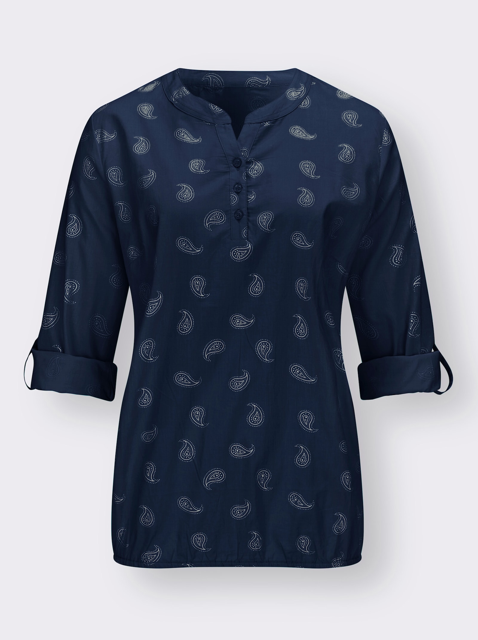 Schlupfbluse bedruckt, mit elastischem Saum - weiß-marine-bedruckt