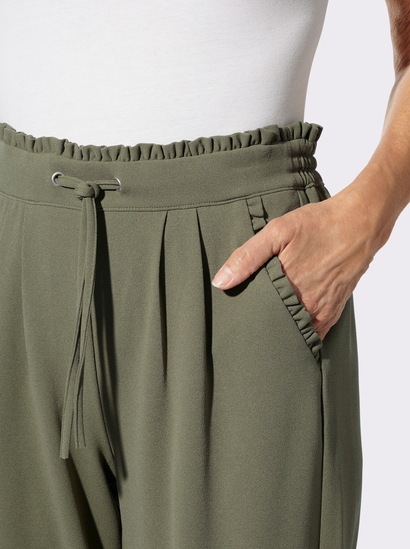 Jerseyhose mit Rüschen am Dehnbund - khaki