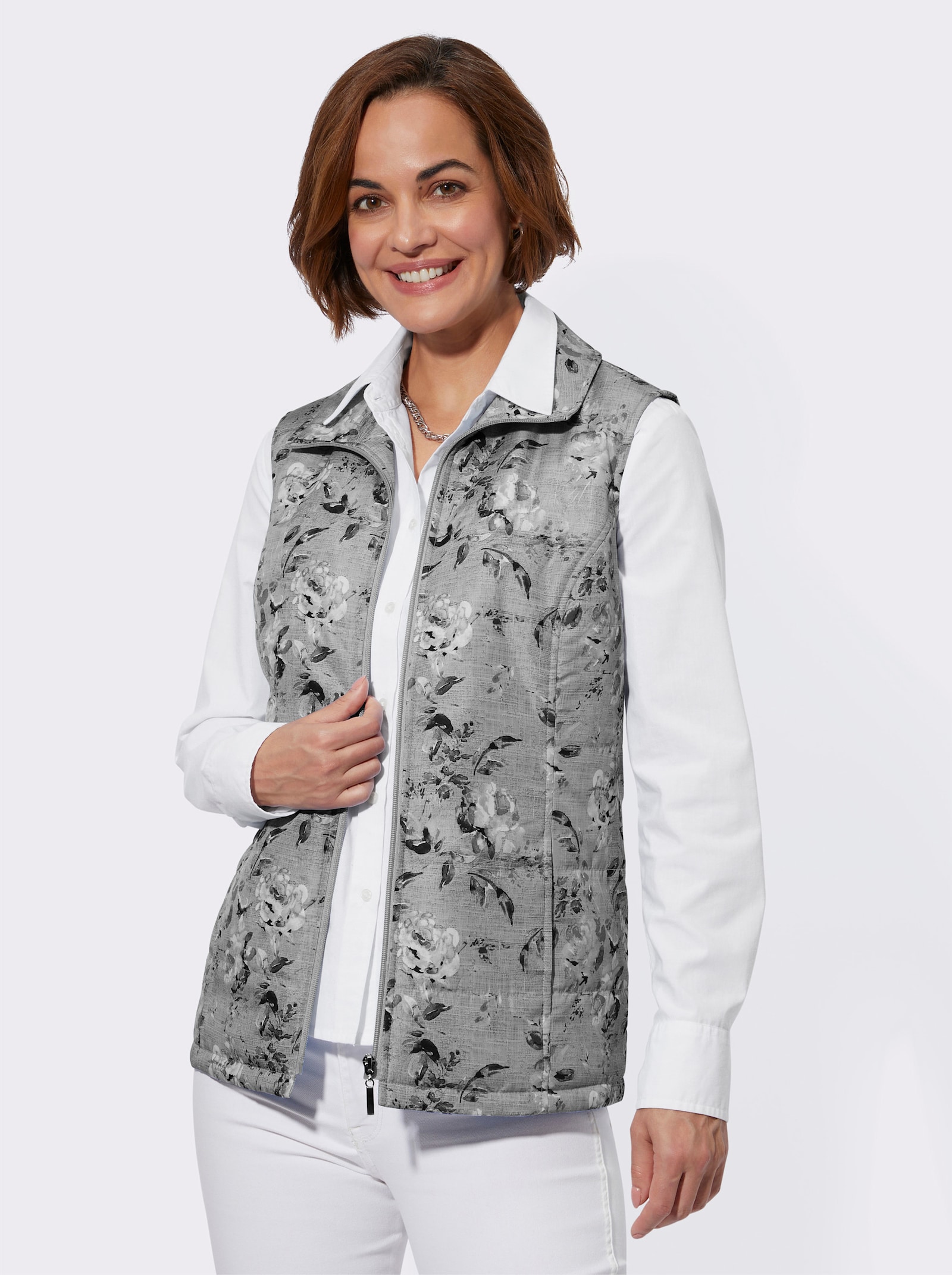 Steppweste mit Blumen-Druck - grau-bedruckt